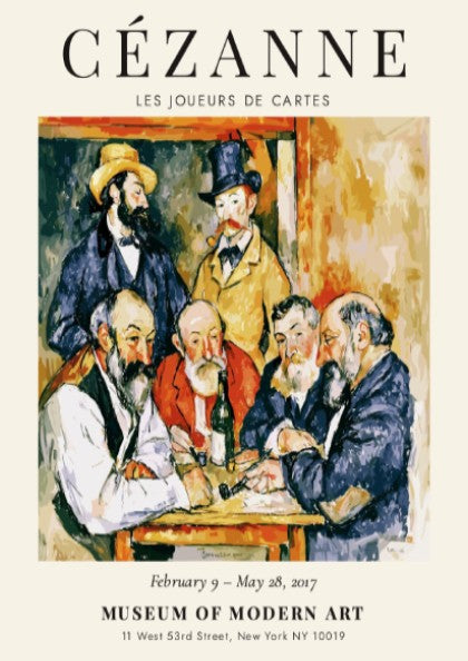 Cézanne Exhibition Poster featuring Les Joueurs de Cartes with vibrant earthy tones and post-impressionist