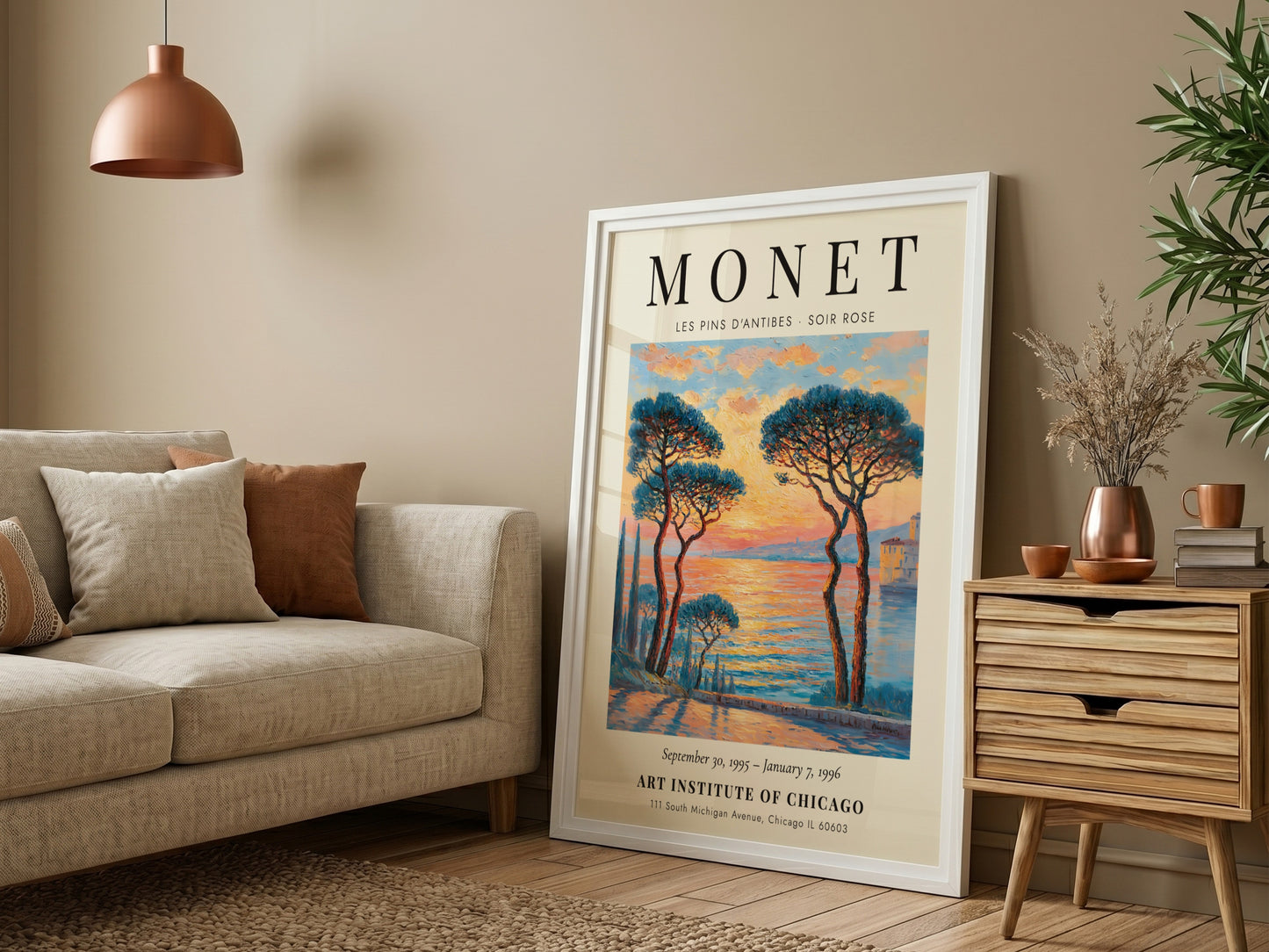 Les Pins d'Antibes poster featuring vibrant sunset colors and impressionistic style, inspired by Monet's