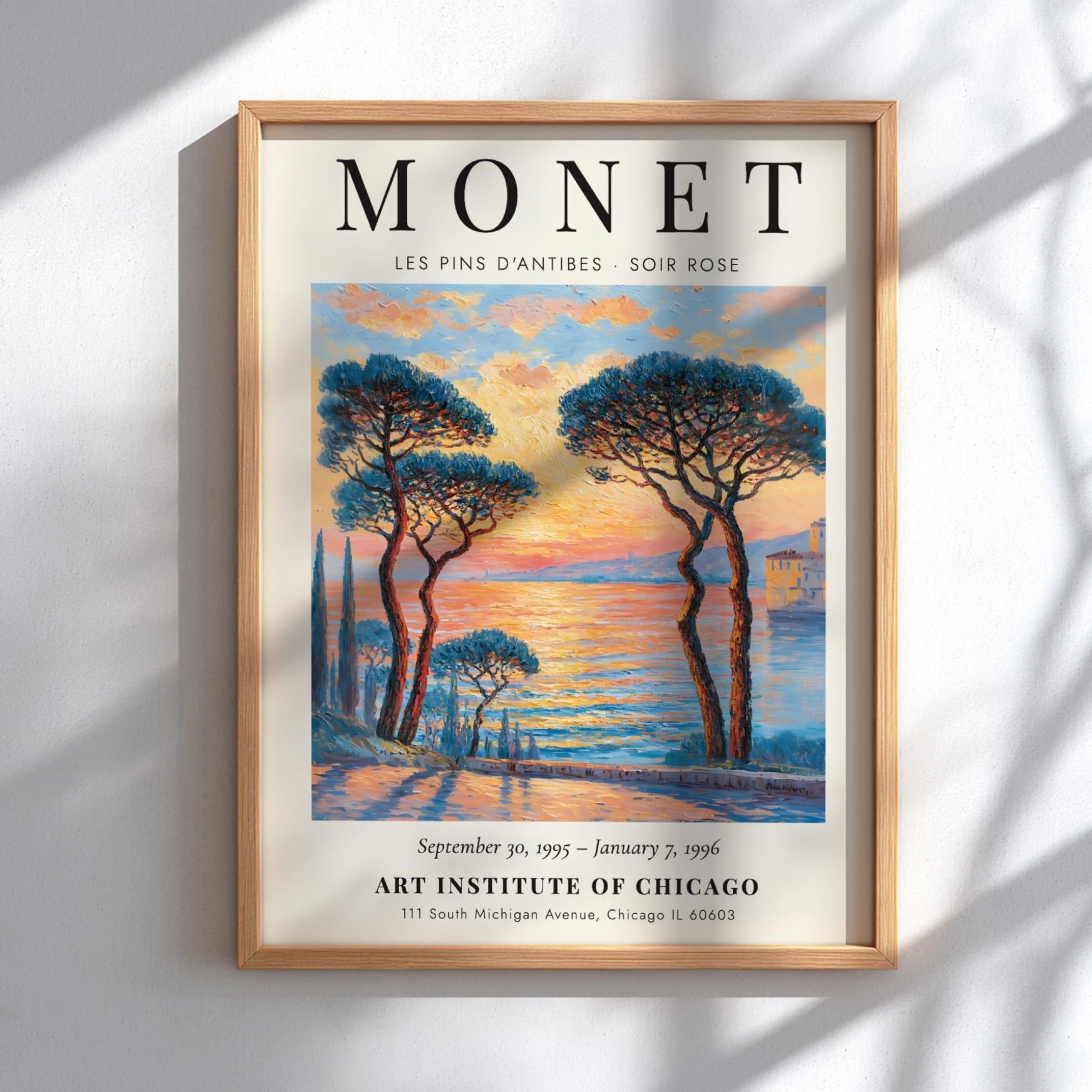Les Pins d'Antibes poster featuring vibrant sunset colors and impressionistic style, inspired by Monet's