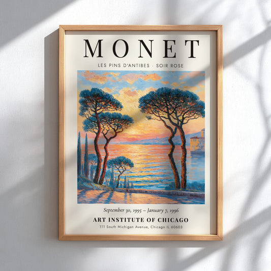 Les Pins d'Antibes poster featuring vibrant sunset colors and impressionistic style, inspired by Monet's
