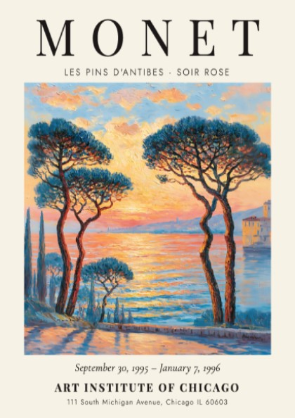 Les Pins d'Antibes poster featuring vibrant sunset colors and impressionistic style, inspired by Monet's
