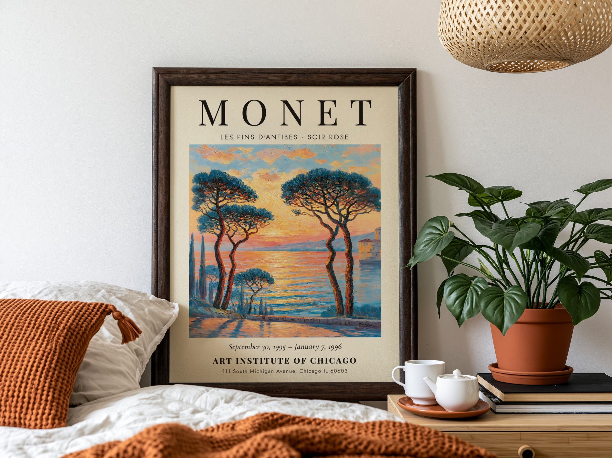 Les Pins d'Antibes poster featuring vibrant sunset colors and impressionistic style, inspired by Monet's