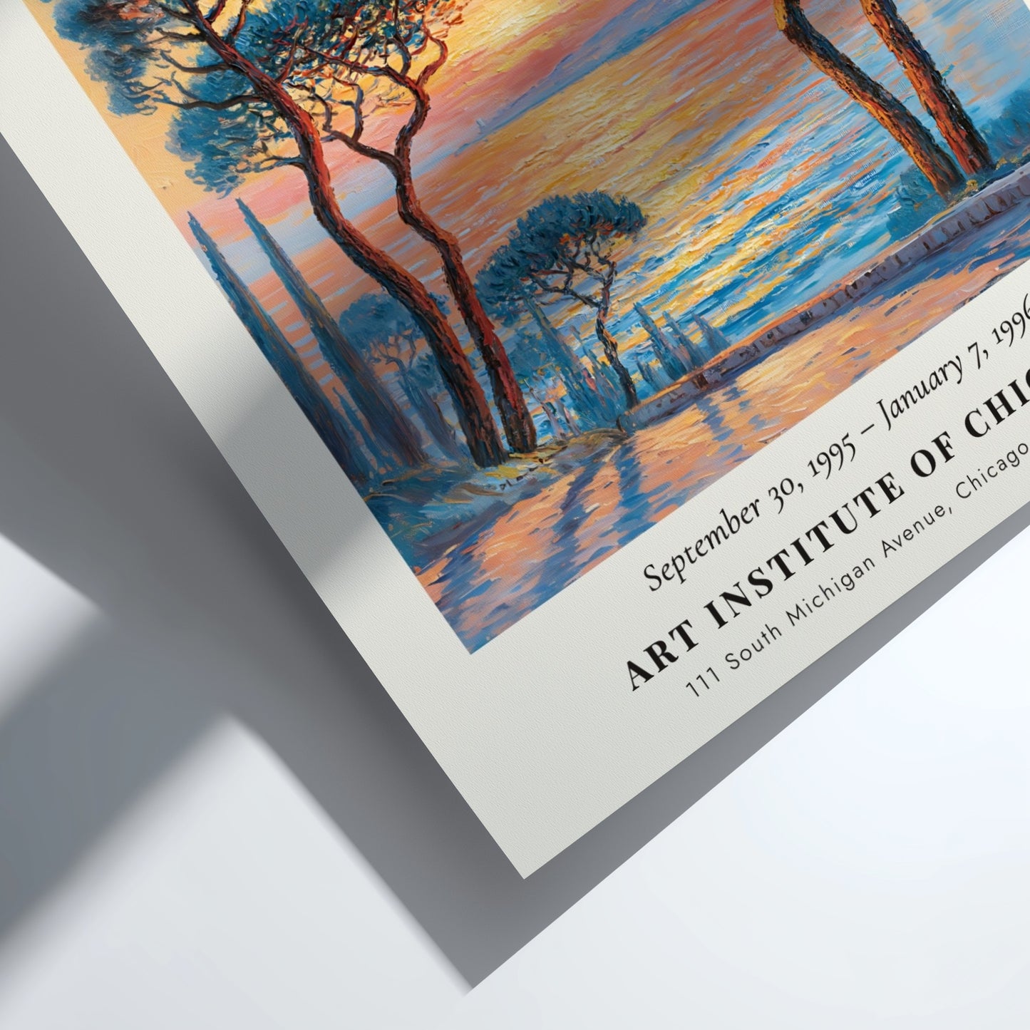 Les Pins d'Antibes poster featuring vibrant sunset colors and impressionistic style, inspired by Monet's