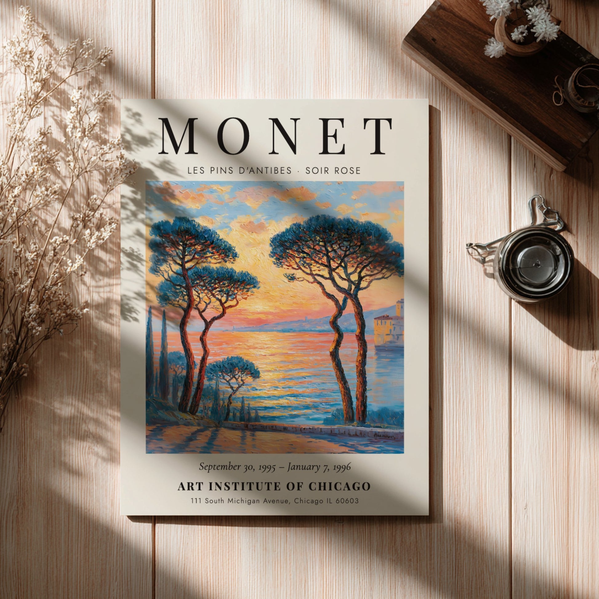 Les Pins d'Antibes poster featuring vibrant sunset colors and impressionistic style, inspired by Monet's
