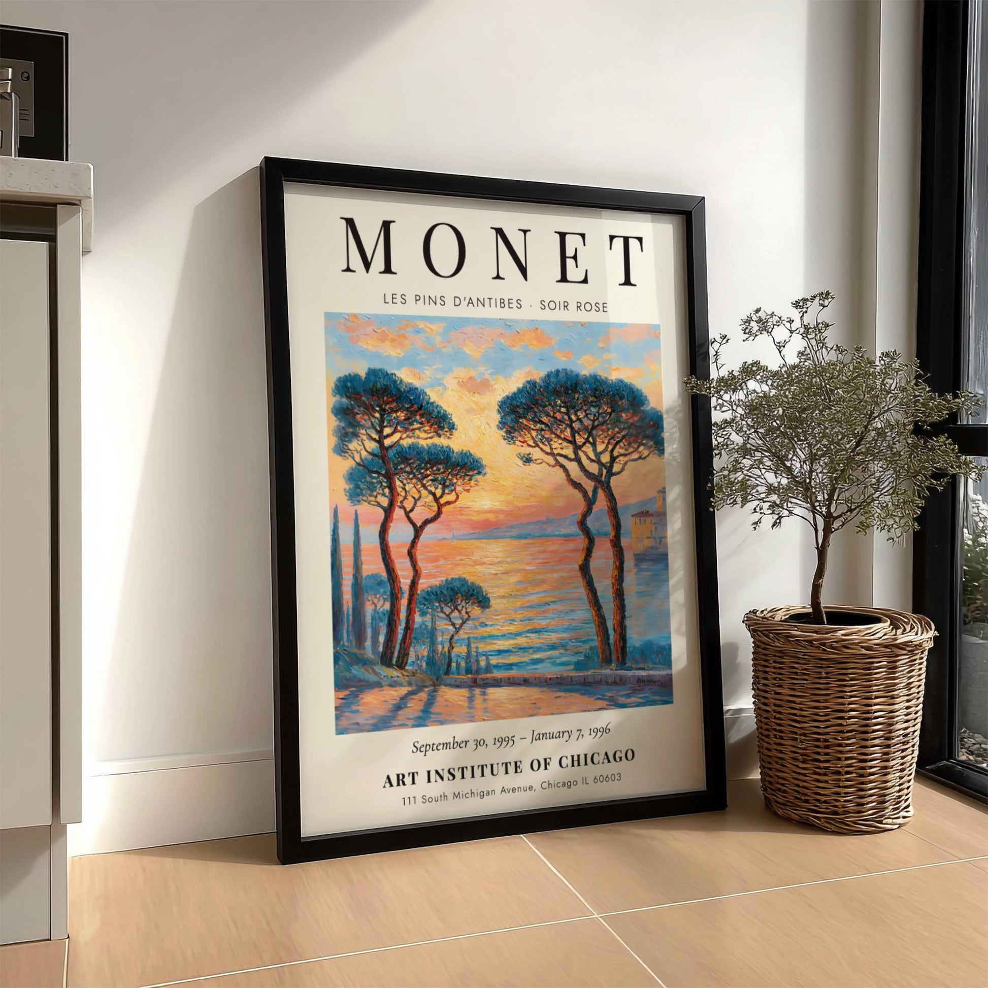 Les Pins d'Antibes poster featuring vibrant sunset colors and impressionistic style, inspired by Monet's