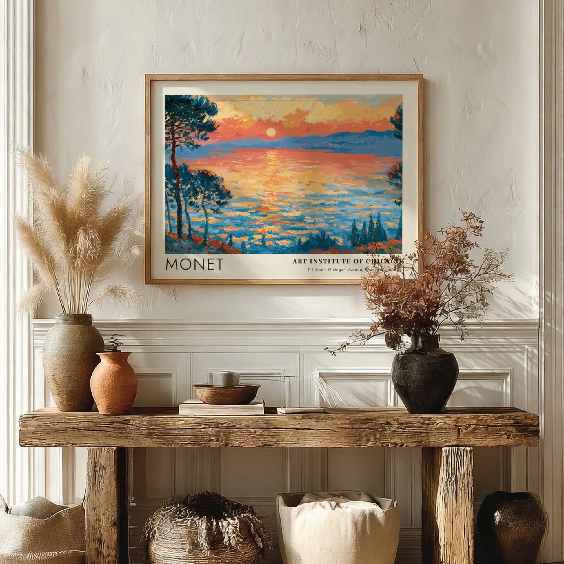 Wall art print of Monet's Les Pins d'Antibes featuring vibrant sunset colors and impressionistic style