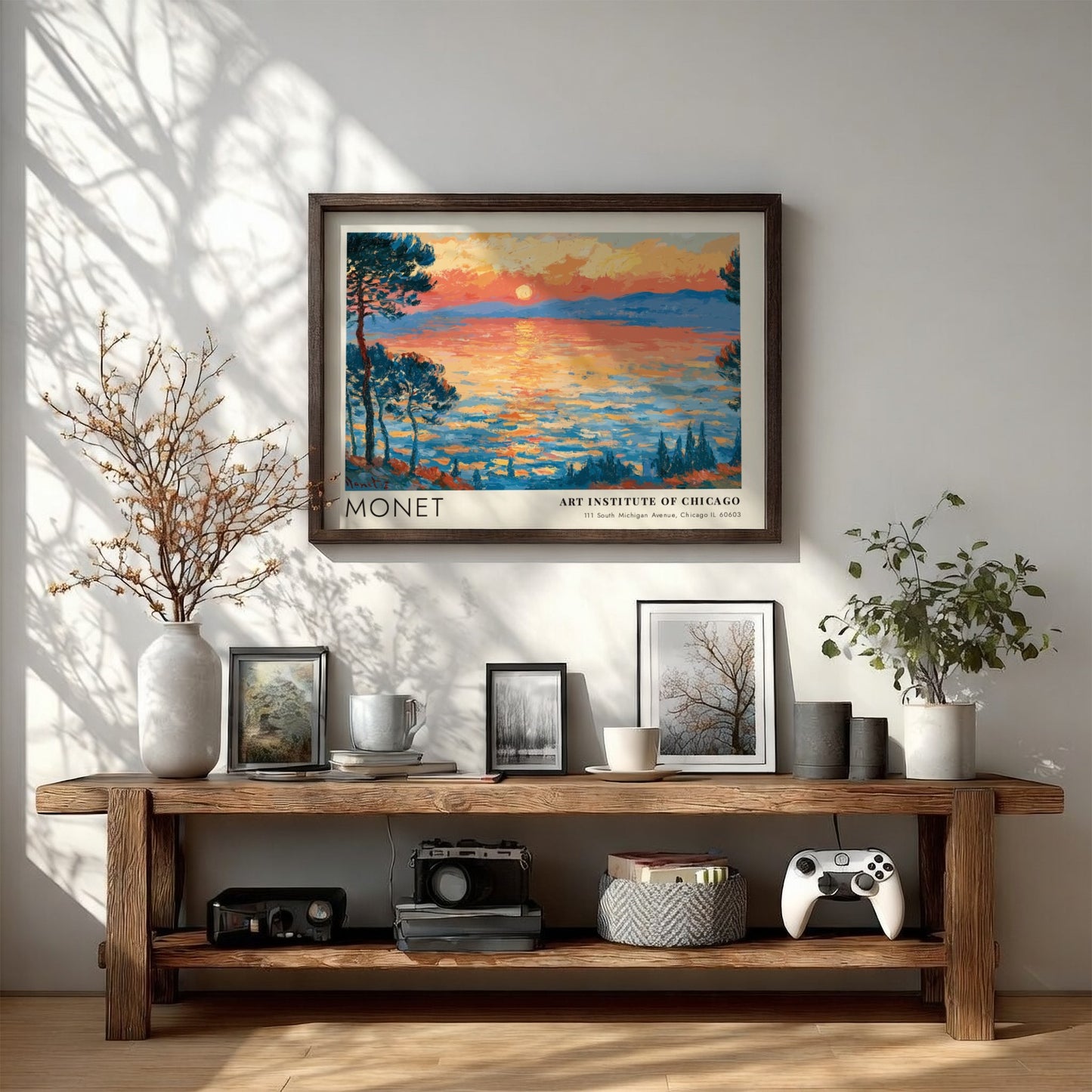 Wall art print of Monet's Les Pins d'Antibes featuring vibrant sunset colors and impressionistic style