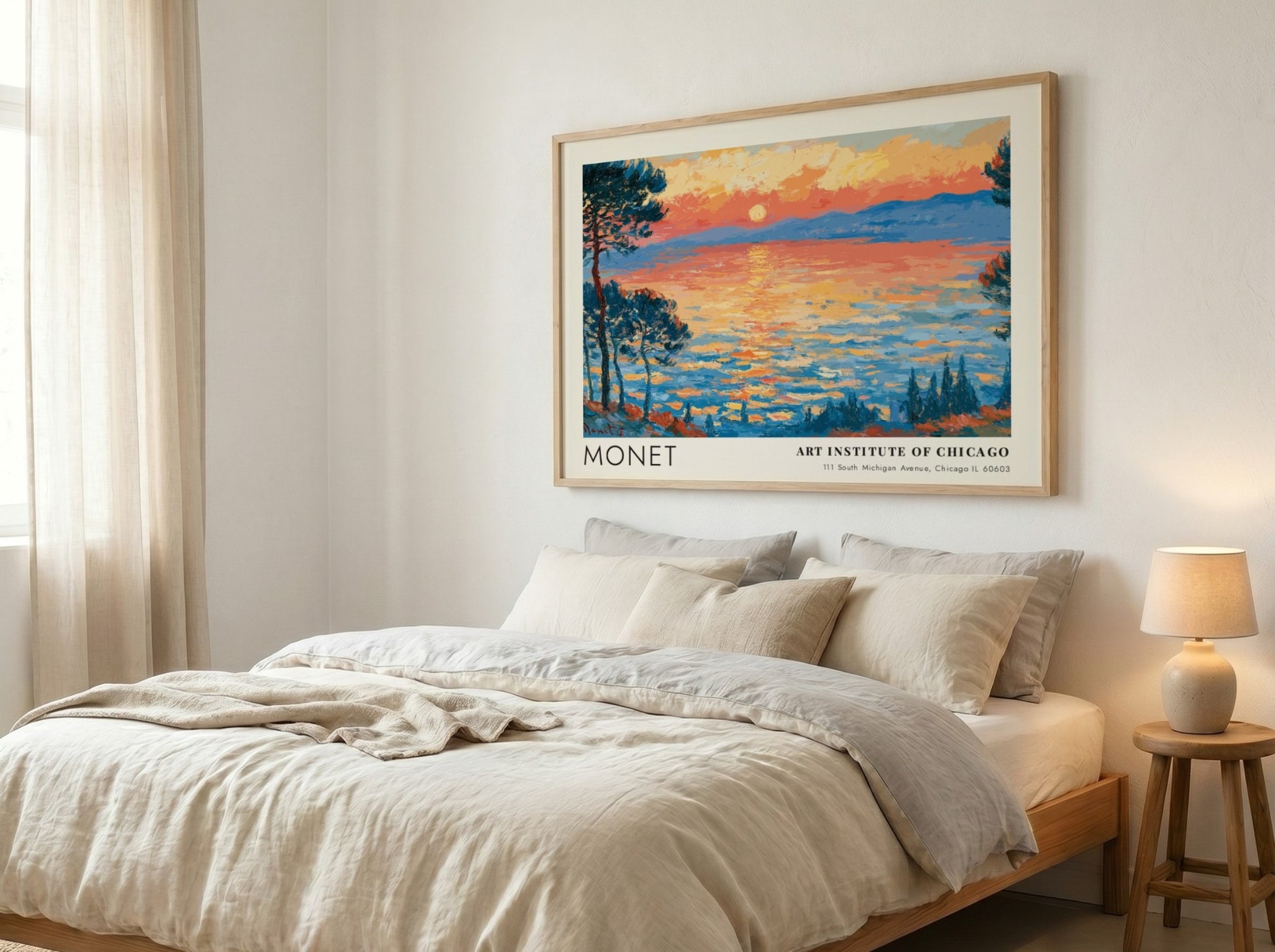 Wall art print of Monet's Les Pins d'Antibes featuring vibrant sunset colors and impressionistic style