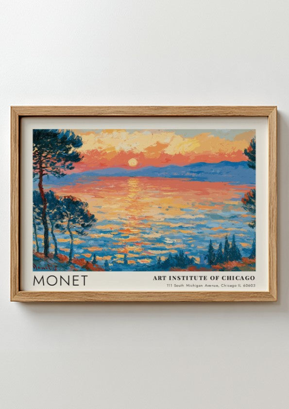 Wall art print of Monet's Les Pins d'Antibes featuring vibrant sunset colors and impressionistic style