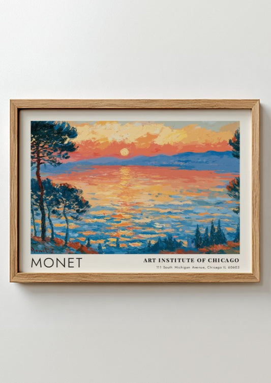 Wall art print of Monet's Les Pins d'Antibes featuring vibrant sunset colors and impressionistic style