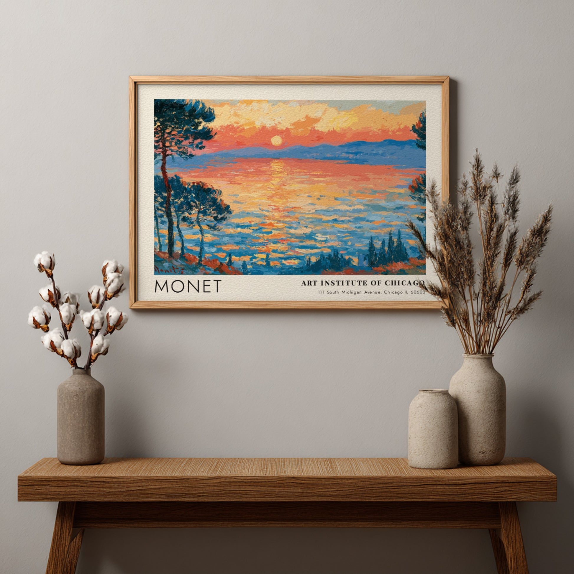 Wall art print of Monet's Les Pins d'Antibes featuring vibrant sunset colors and impressionistic style