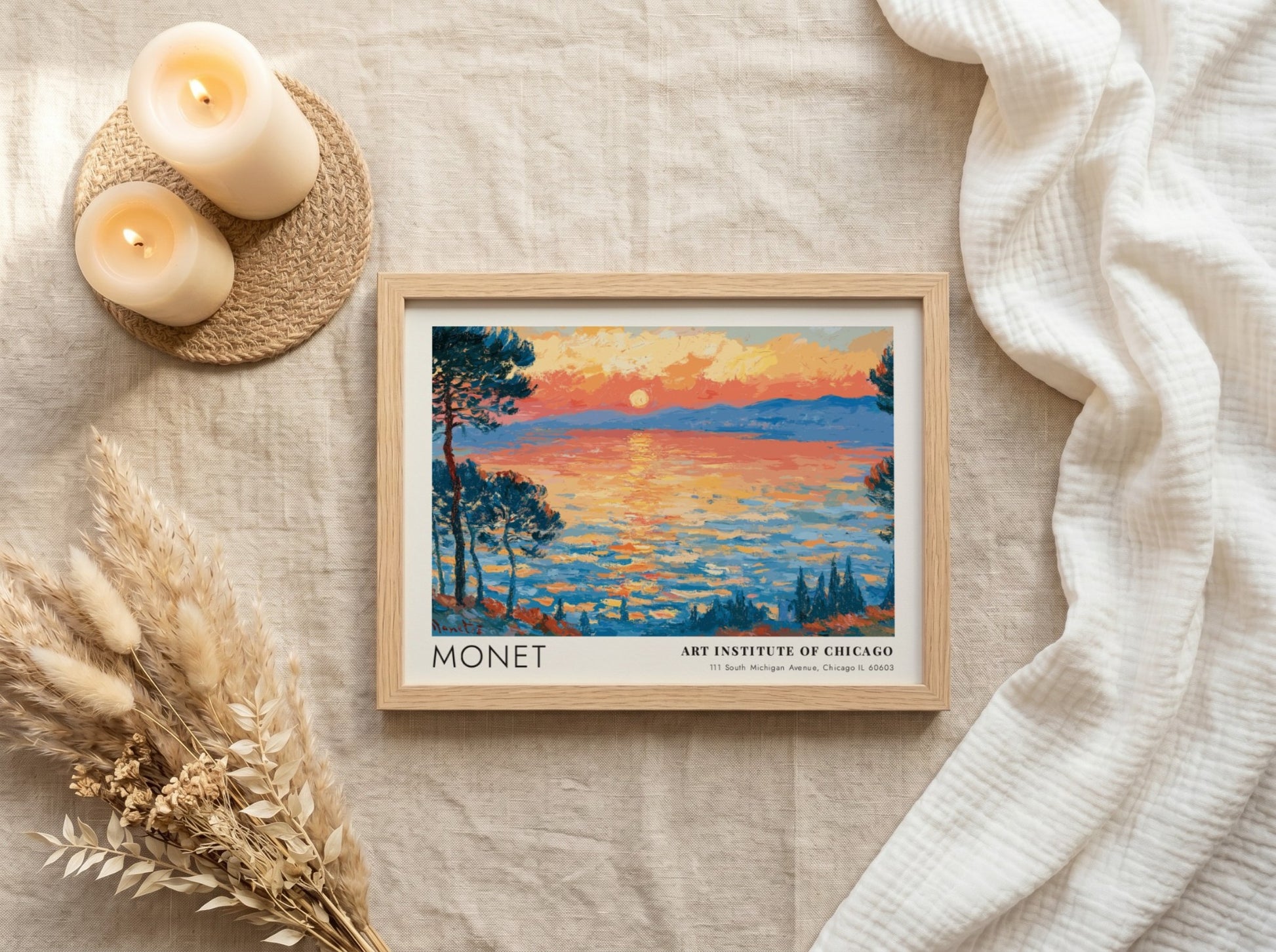 Wall art print of Monet's Les Pins d'Antibes featuring vibrant sunset colors and impressionistic style