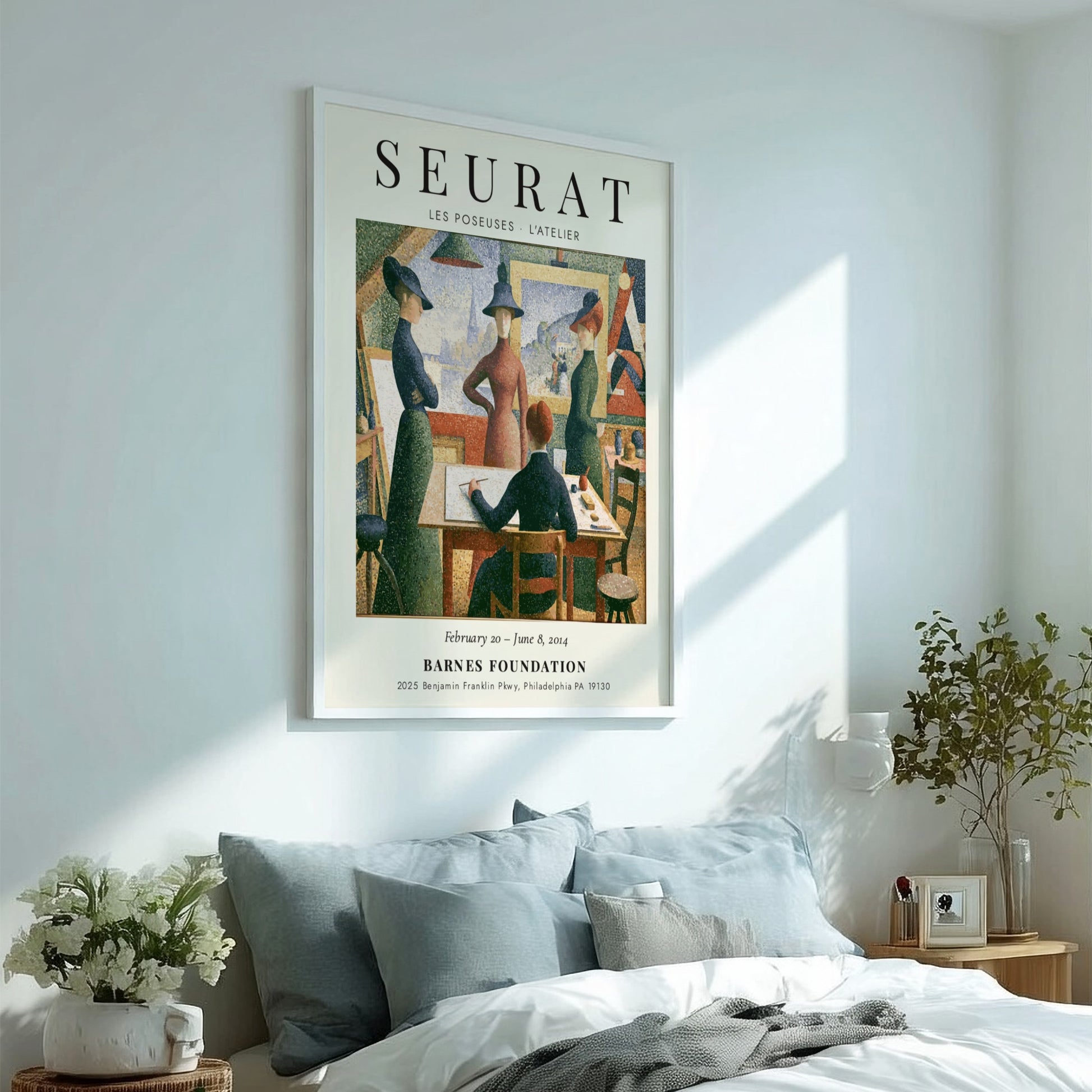 Seurat exhibition poster featuring Les Poseuses - L'Atelier with vibrant colors and pointillist style.