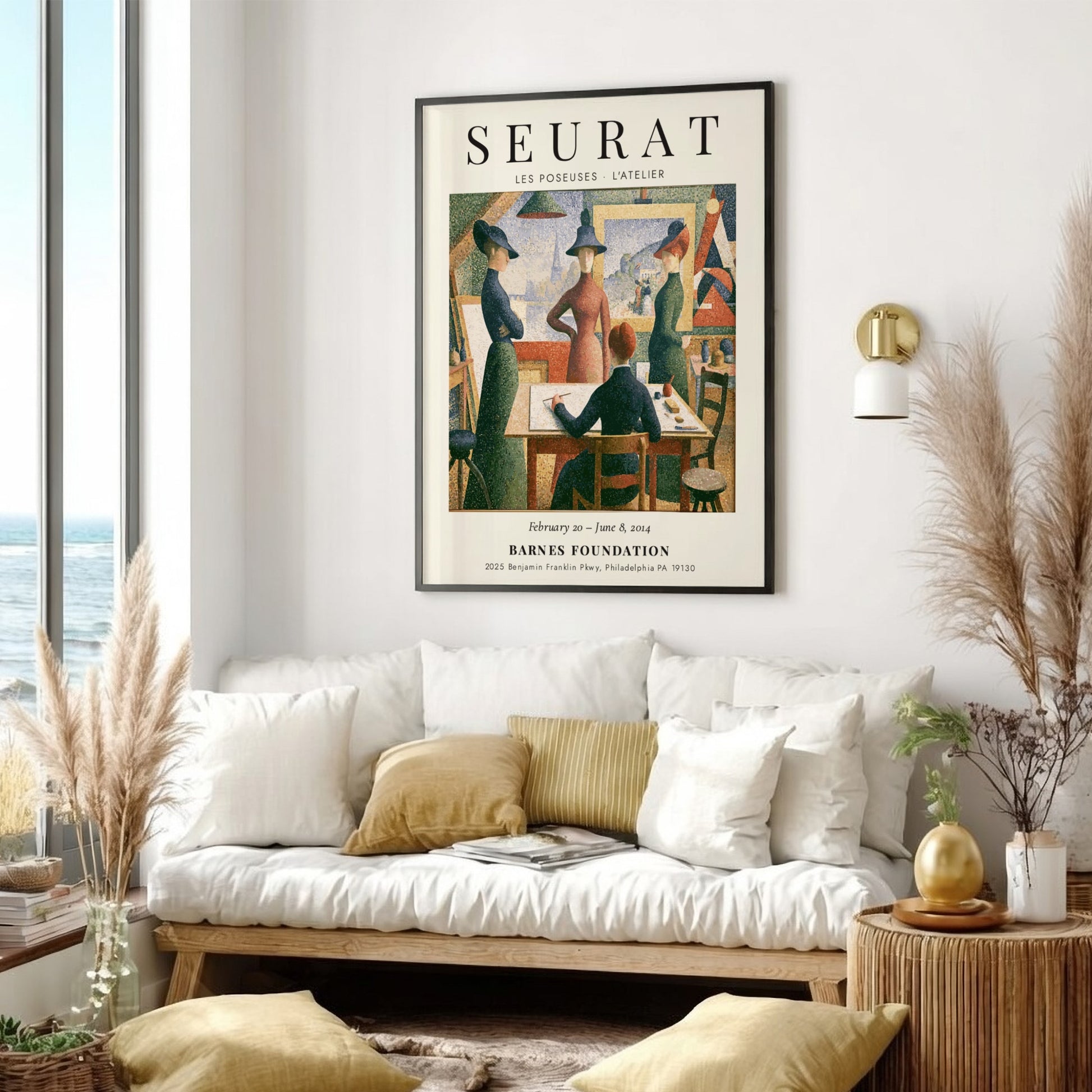 Seurat exhibition poster featuring Les Poseuses - L'Atelier with vibrant colors and pointillist style.
