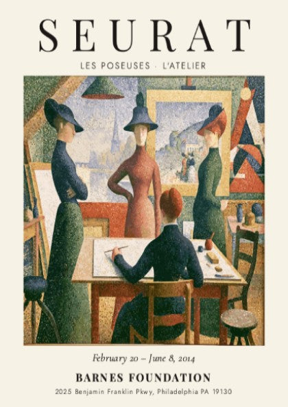Seurat exhibition poster featuring Les Poseuses - L'Atelier with vibrant colors and pointillist style.