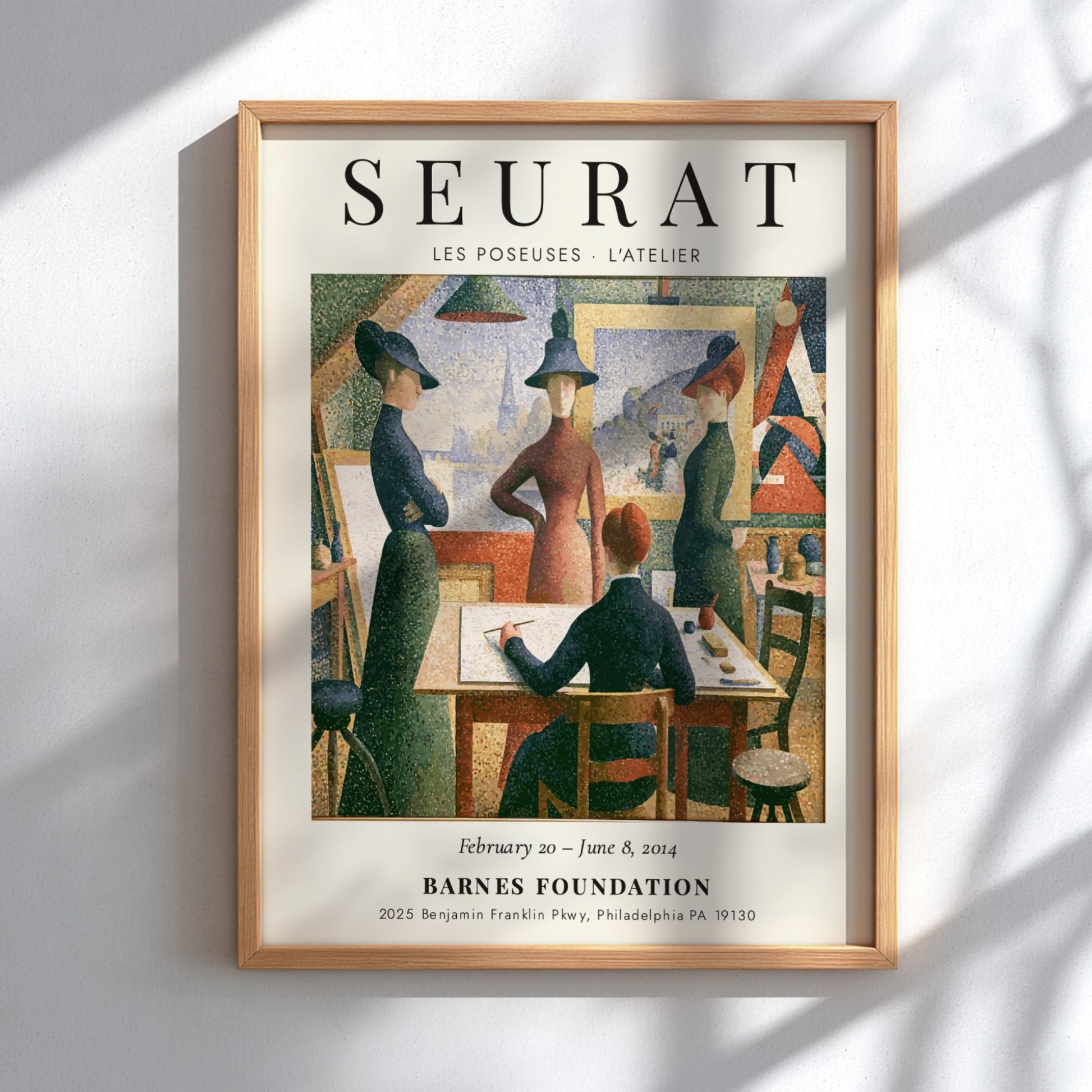 Seurat exhibition poster featuring Les Poseuses - L'Atelier with vibrant colors and pointillist style.