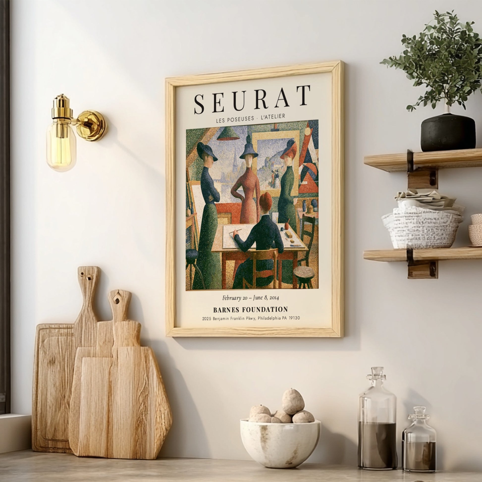 Seurat exhibition poster featuring Les Poseuses - L'Atelier with vibrant colors and pointillist style.