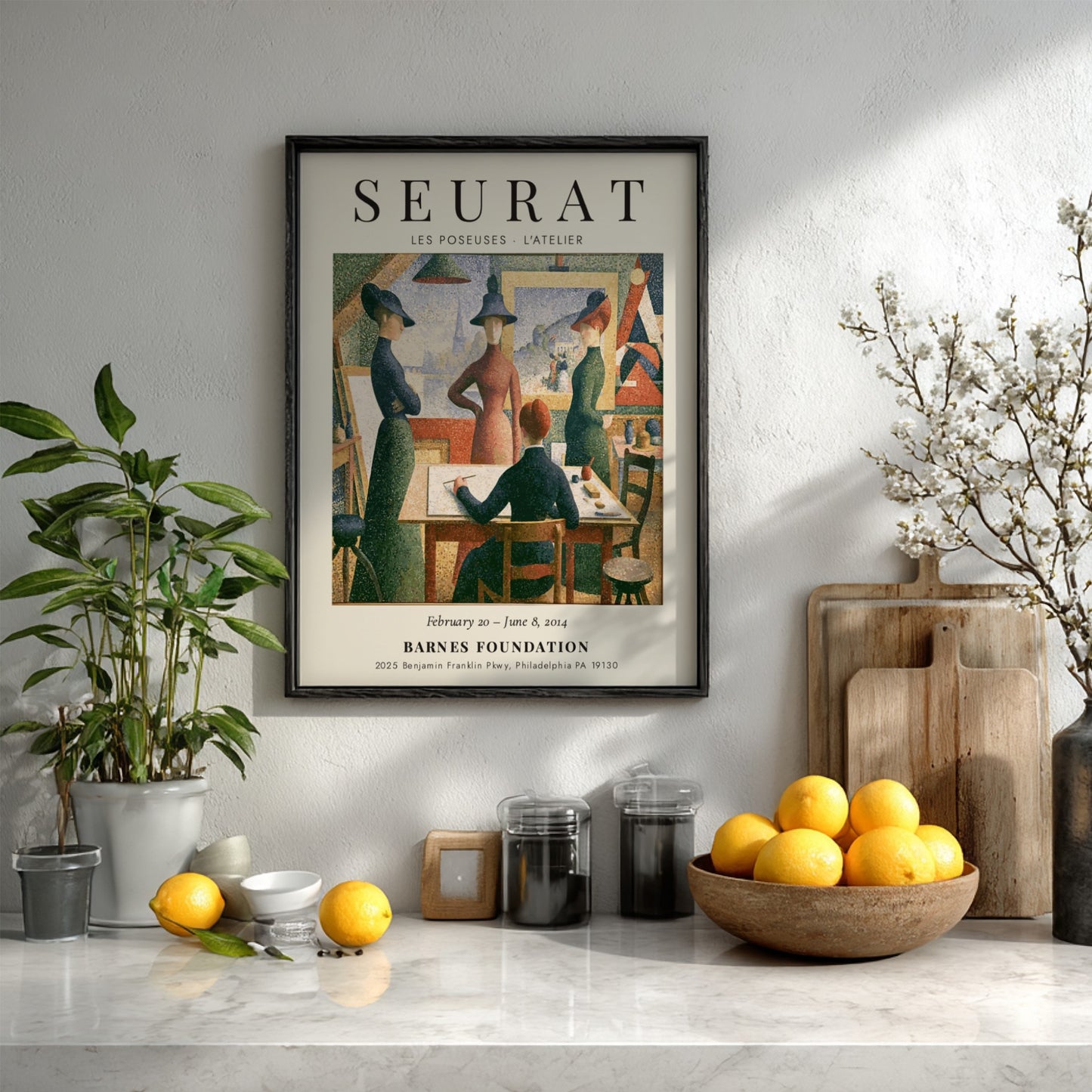 Seurat exhibition poster featuring Les Poseuses - L'Atelier with vibrant colors and pointillist style.