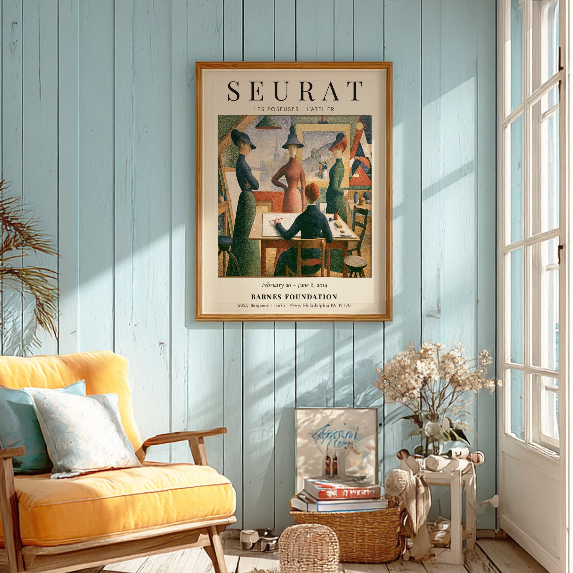 Seurat exhibition poster featuring Les Poseuses - L'Atelier with vibrant colors and pointillist style.