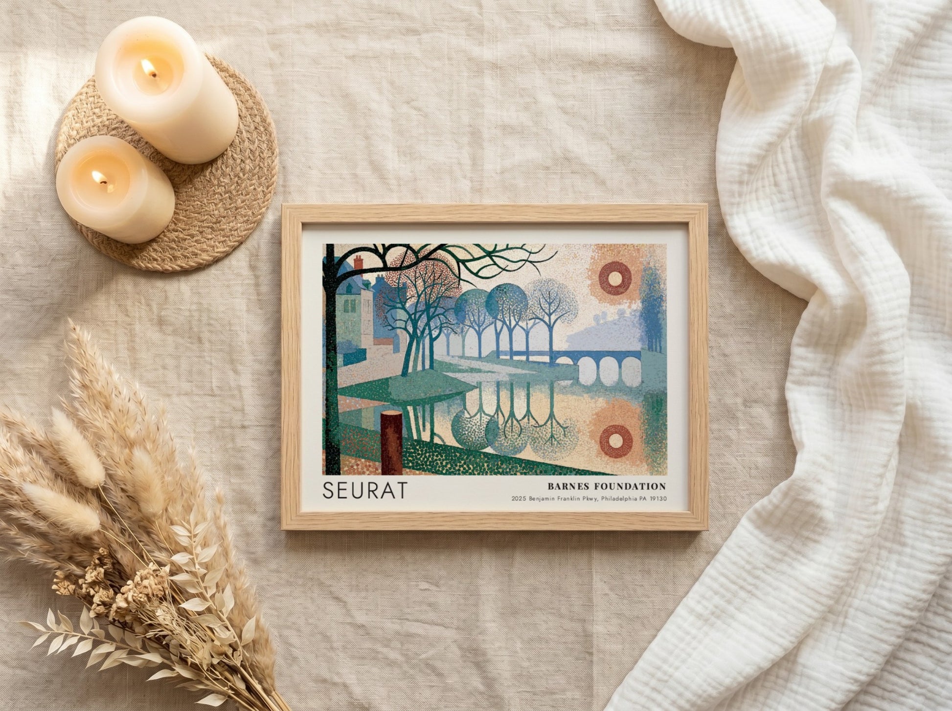 Wall art poster featuring a Seurat landscape painting with river, trees, and bridge.