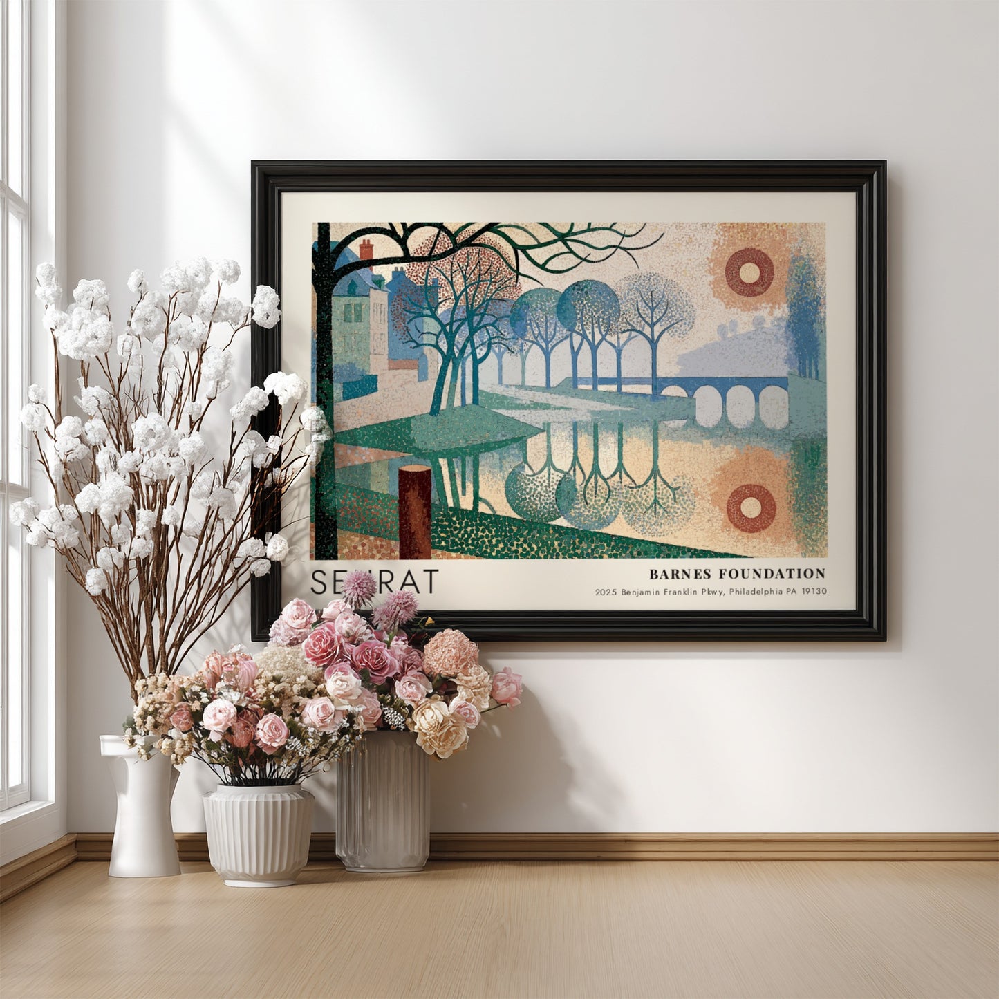 Wall art poster featuring a Seurat landscape painting with river, trees, and bridge.