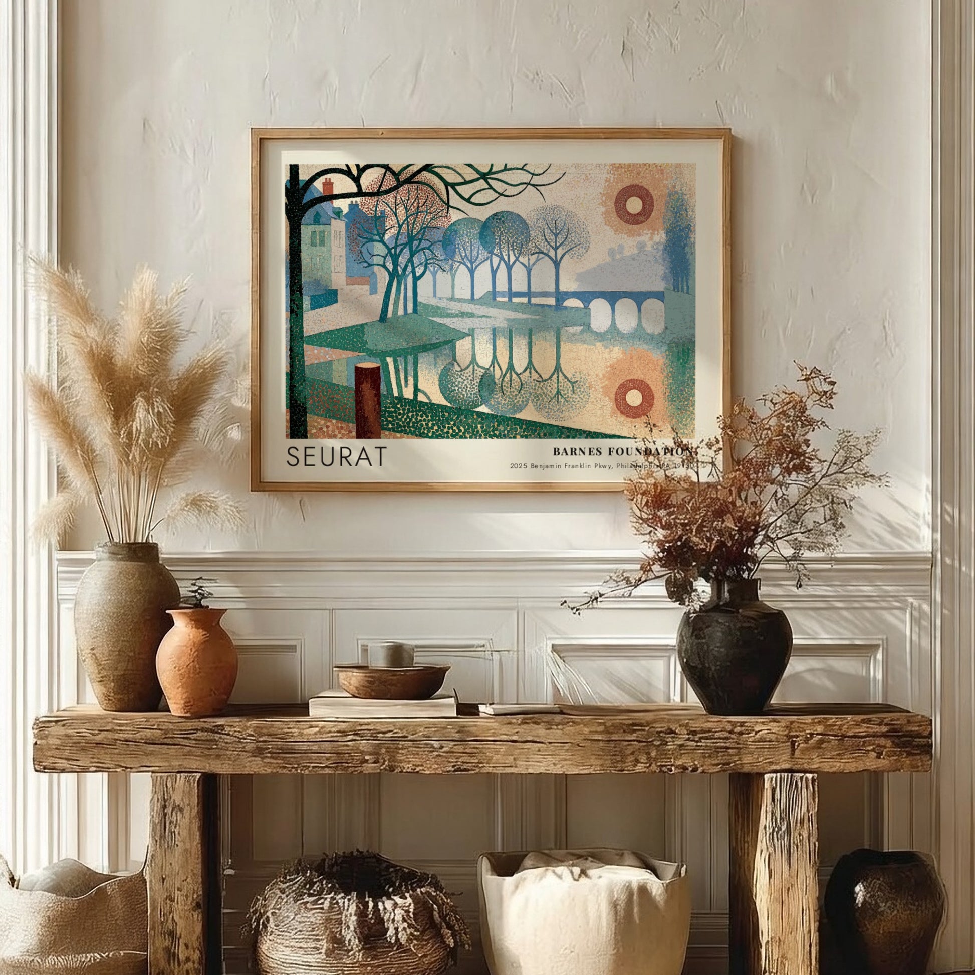 Wall art poster featuring a Seurat landscape painting with river, trees, and bridge.