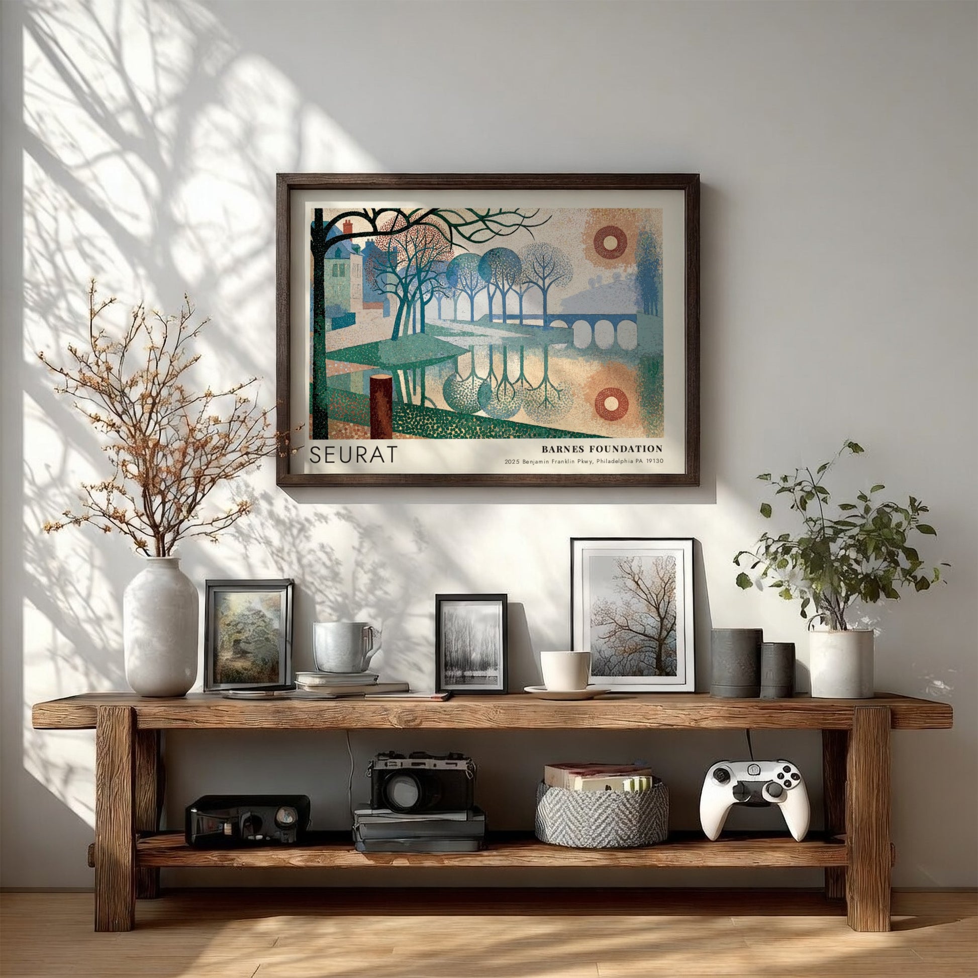 Wall art poster featuring a Seurat landscape painting with river, trees, and bridge.