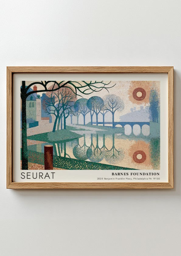 Wall art poster featuring a Seurat landscape painting with river, trees, and bridge.