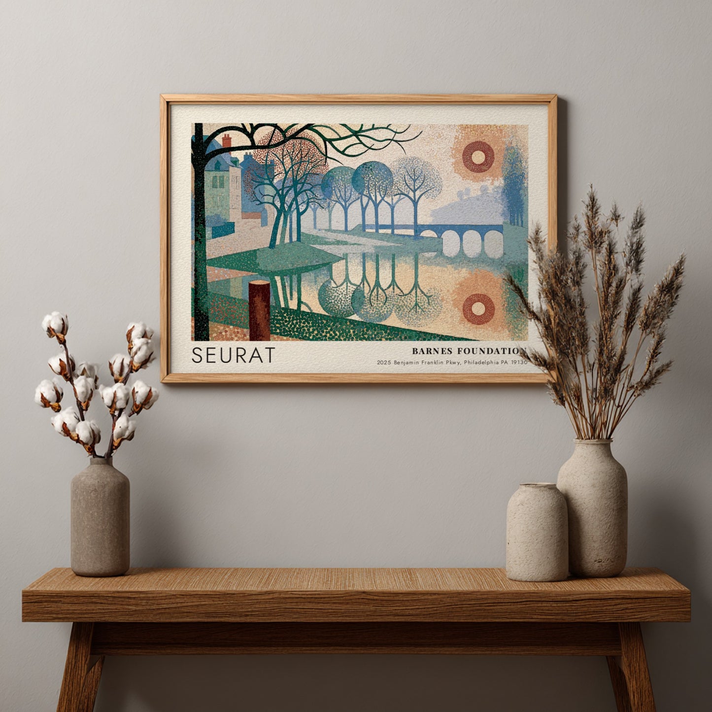 Wall art poster featuring a Seurat landscape painting with river, trees, and bridge.