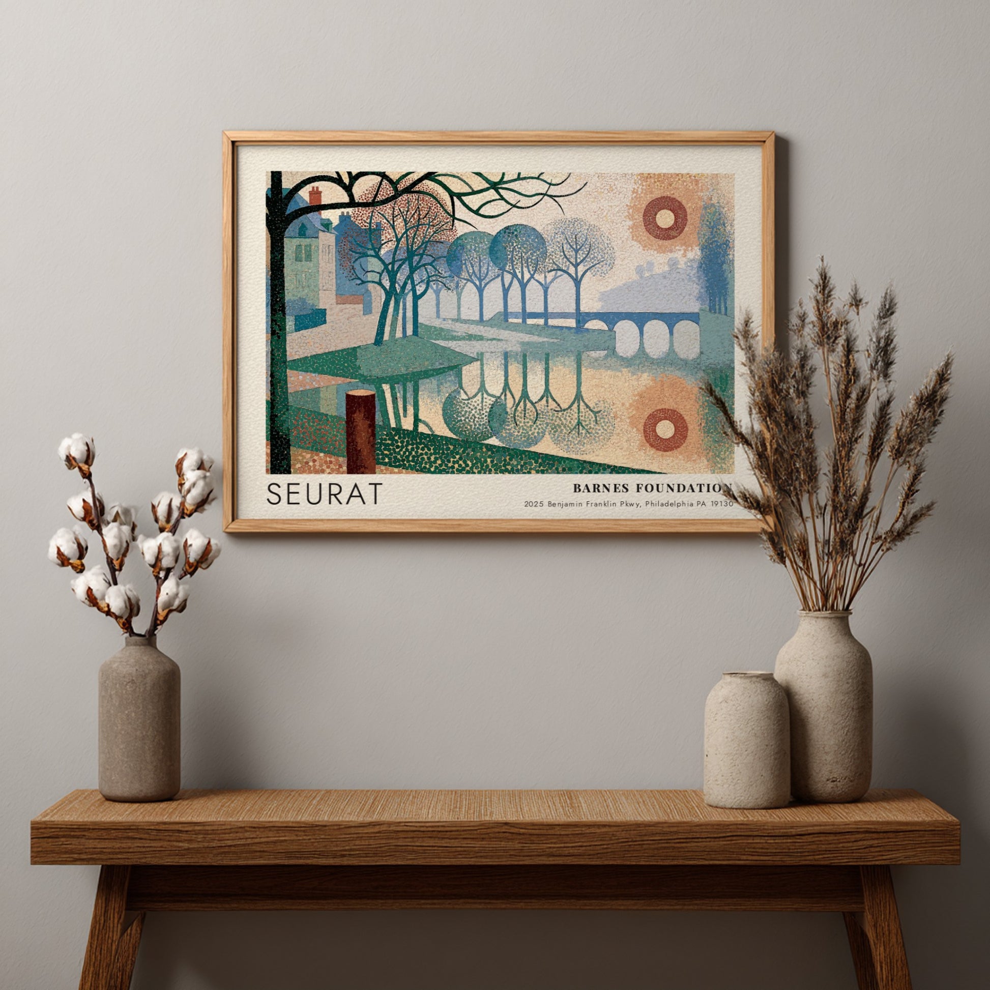 Wall art poster featuring a Seurat landscape painting with river, trees, and bridge.