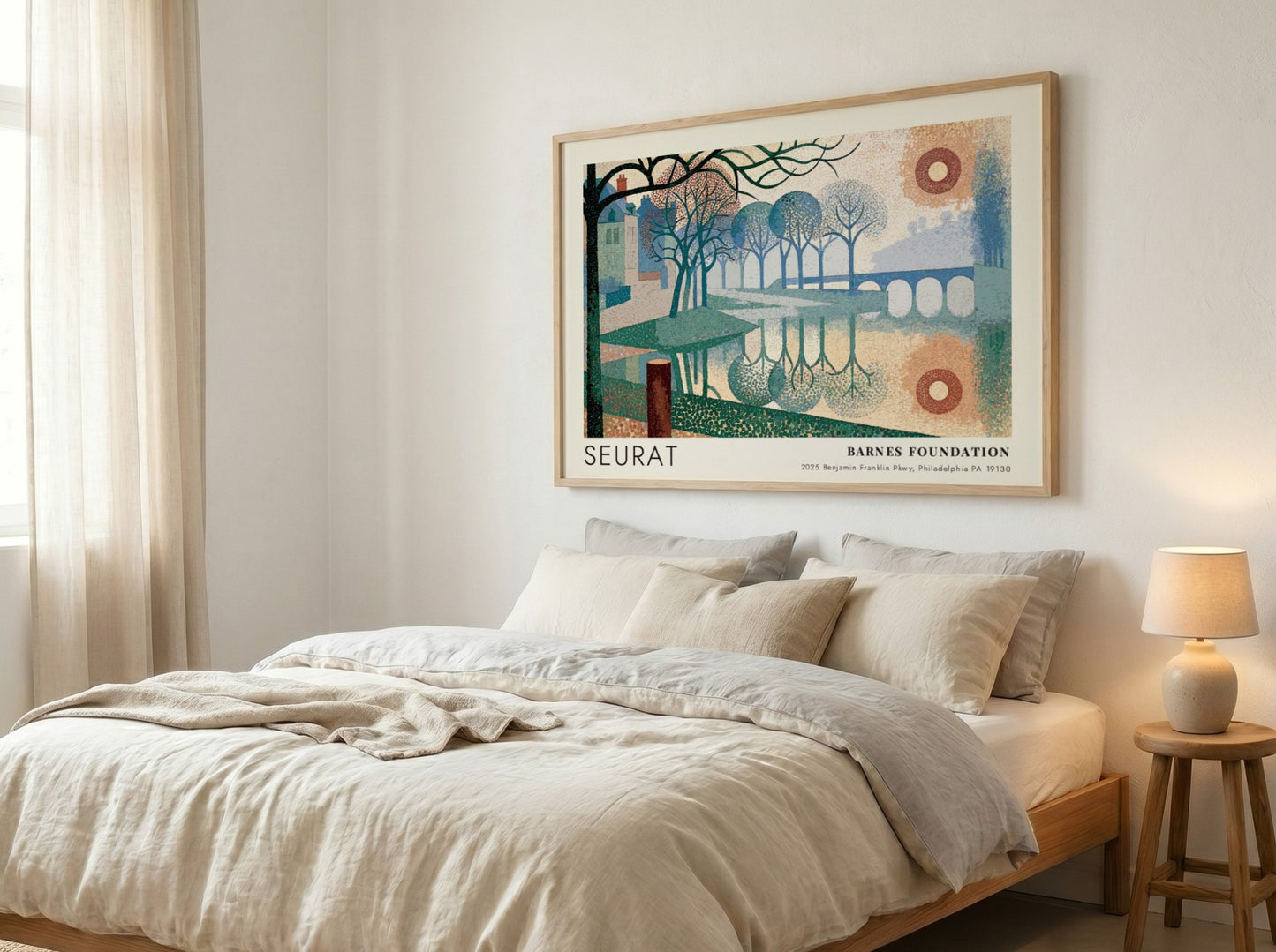 Wall art poster featuring a Seurat landscape painting with river, trees, and bridge.