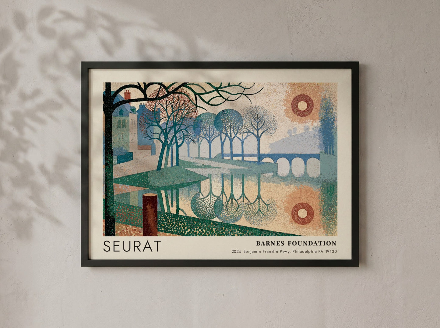 Wall art poster featuring a Seurat landscape painting with river, trees, and bridge.