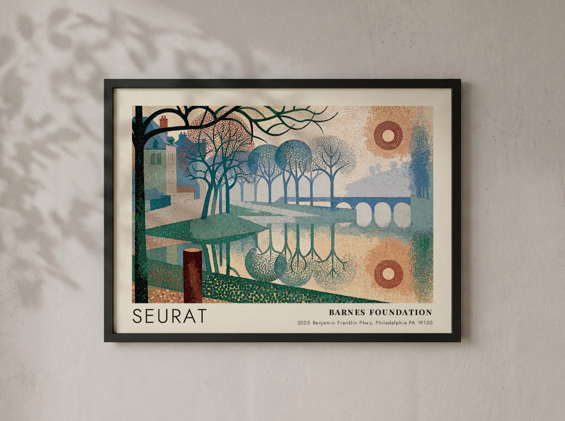Wall art poster featuring a Seurat landscape painting with river, trees, and bridge.