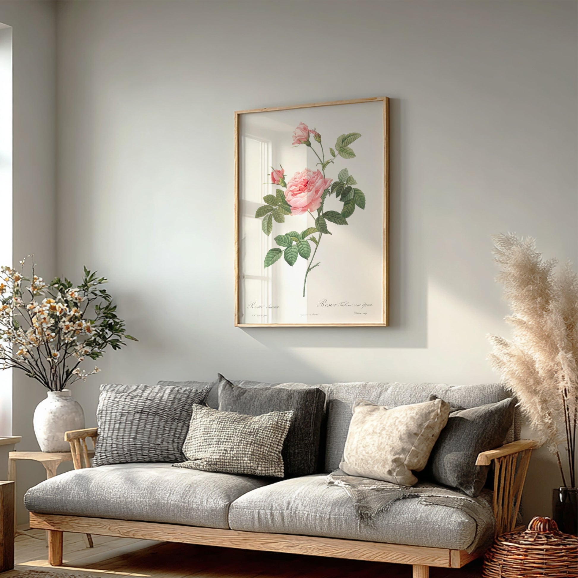 Vintage botanical art poster of a pink Boursault Rose with green leaves, in the style of Pierre-Joseph