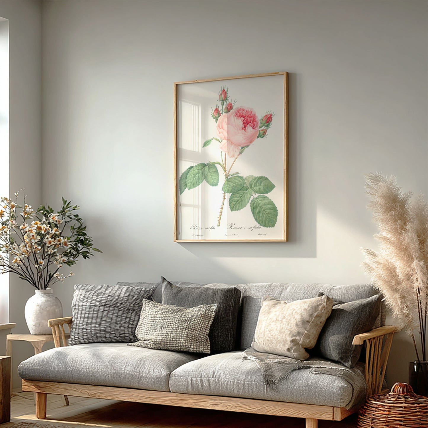 Cabbage Rose art poster featuring a detailed vintage botanical illustration of a pink rose and buds.
