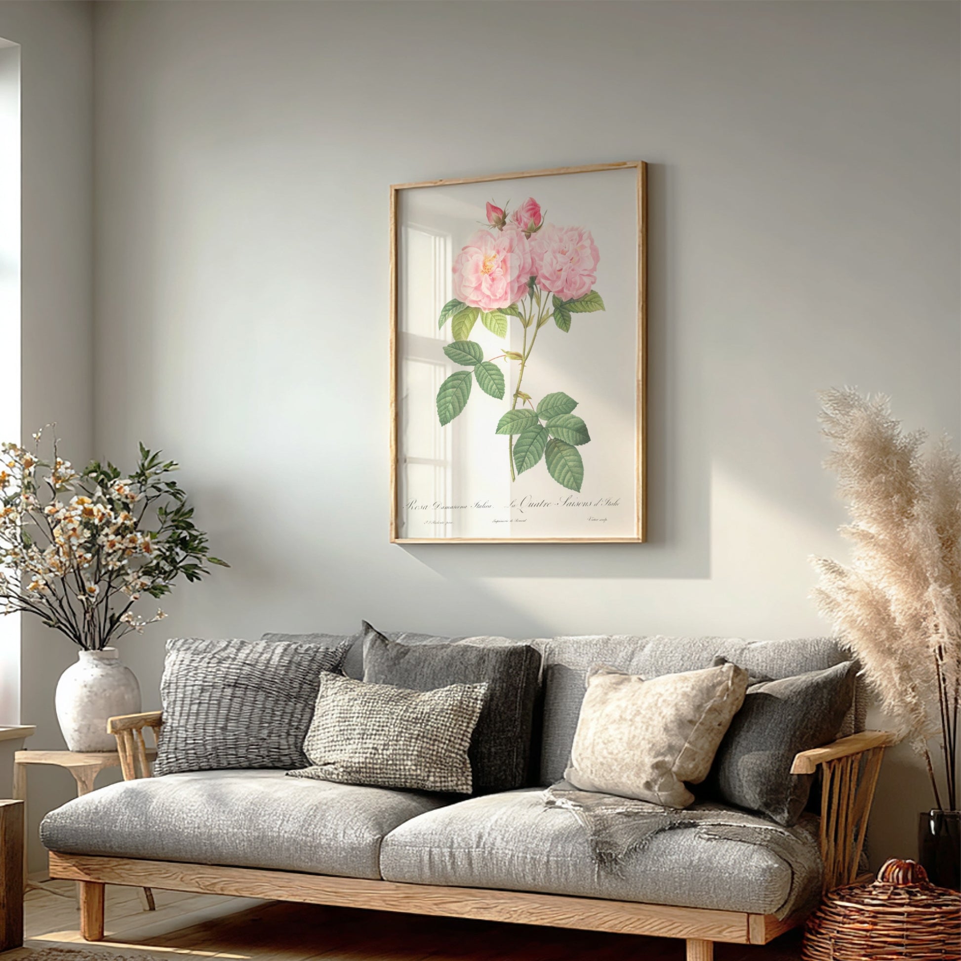 Vintage botanical art poster of a pink Italian Damask Rose by Pierre-Joseph Redouté.