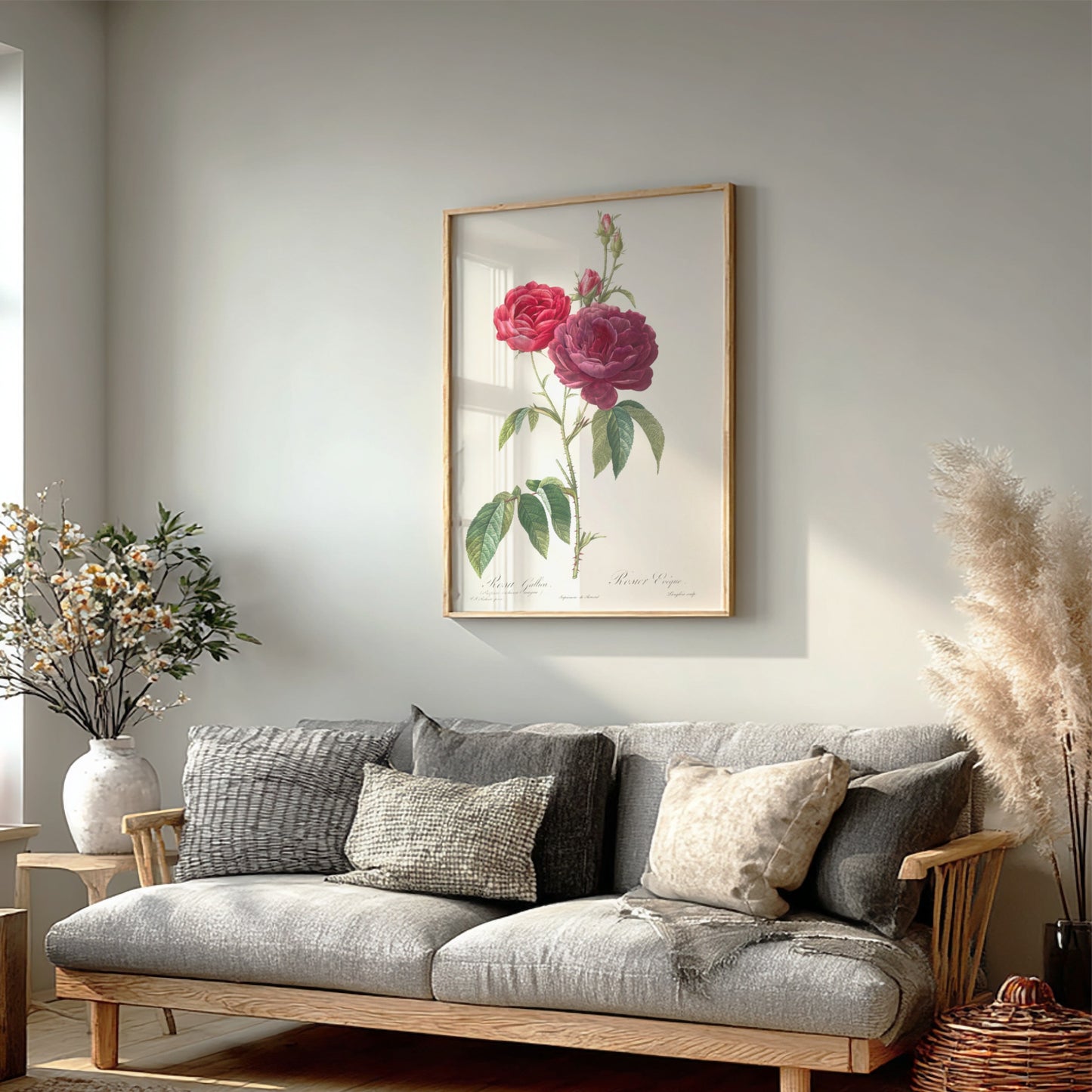 French Rose botanical art poster featuring a detailed illustration of red and purple roses by Pierre-Joseph