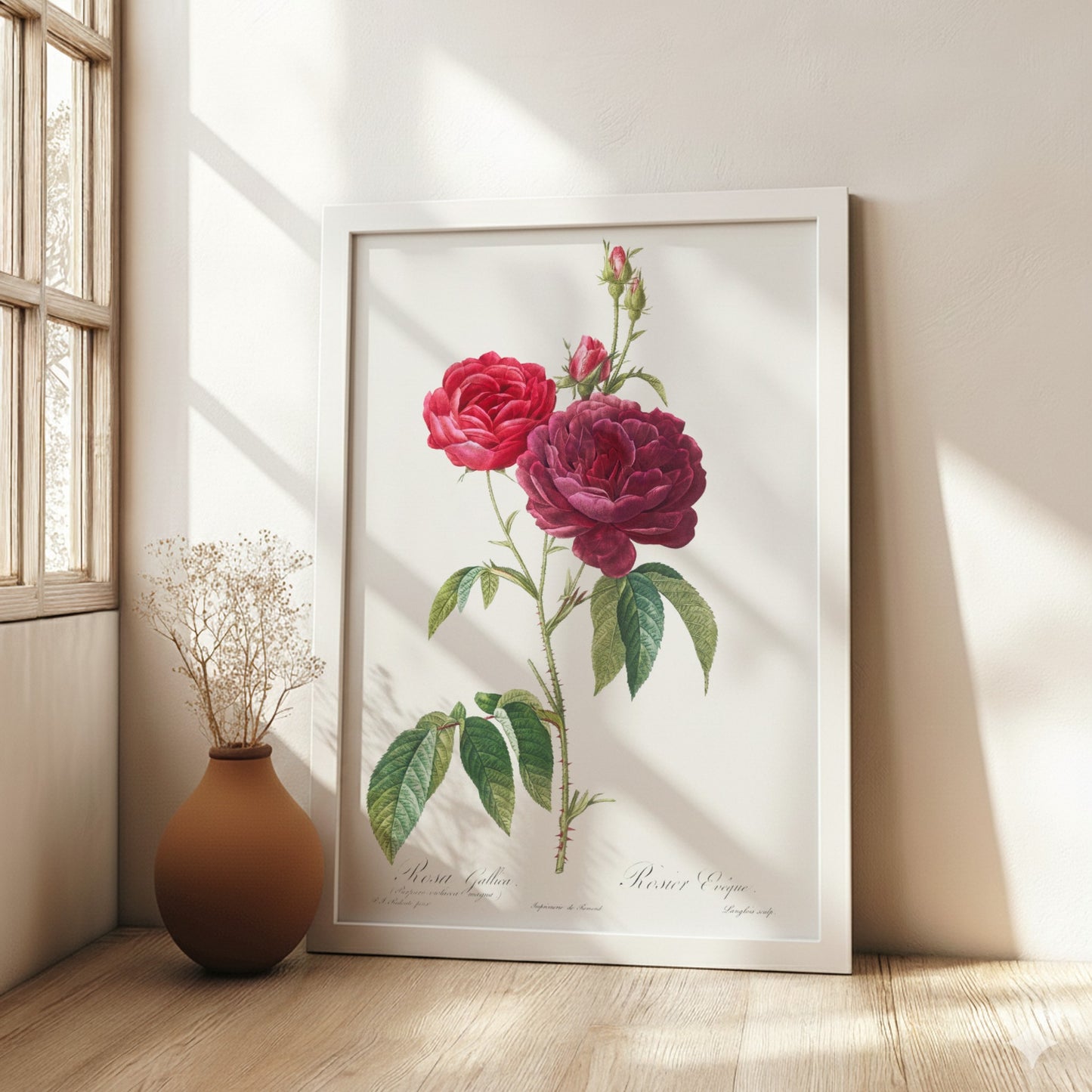 French Rose botanical art poster featuring a detailed illustration of red and purple roses by Pierre-Joseph