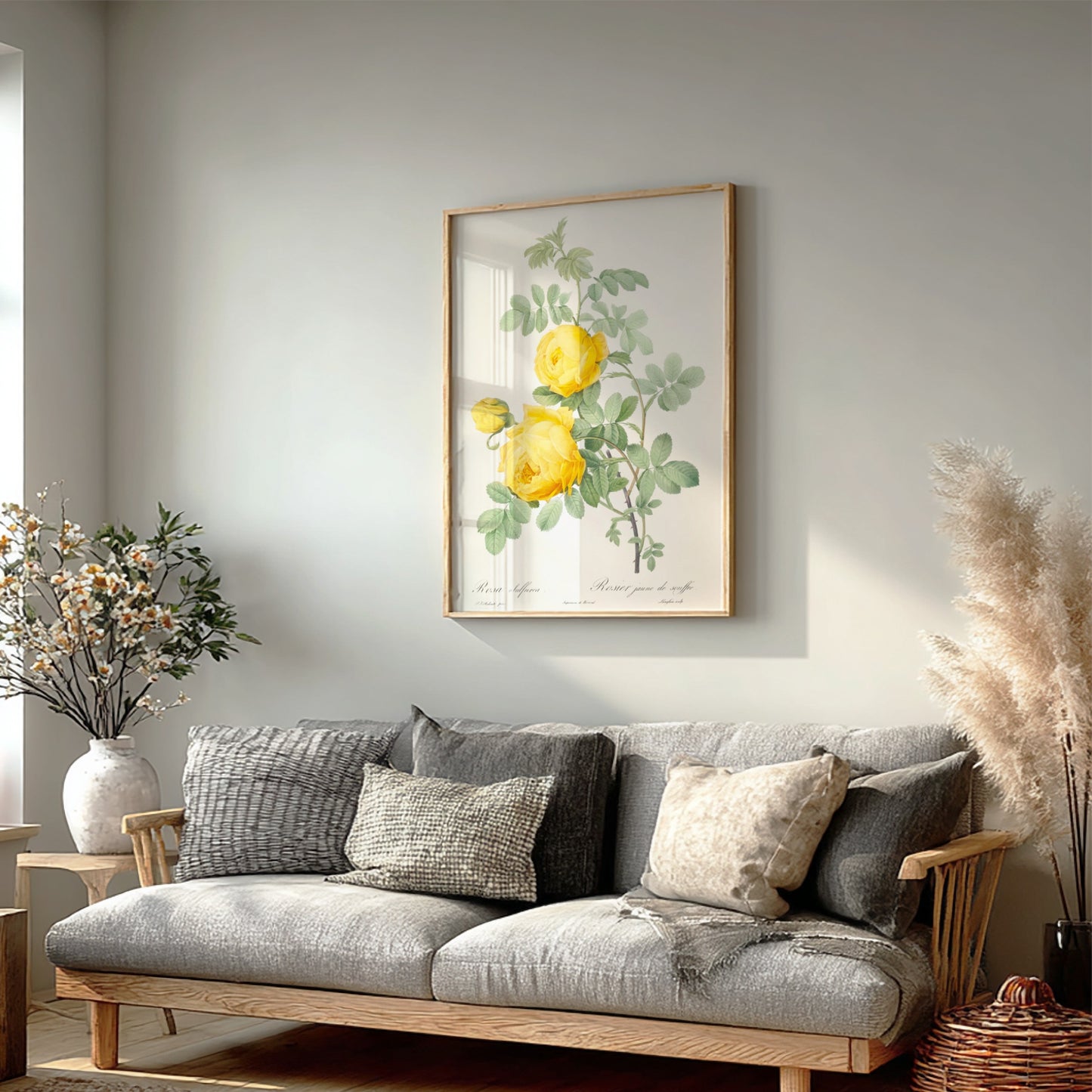 Yellow Rose of Sulfur botanical poster featuring a vintage illustration of yellow roses and green leaves by