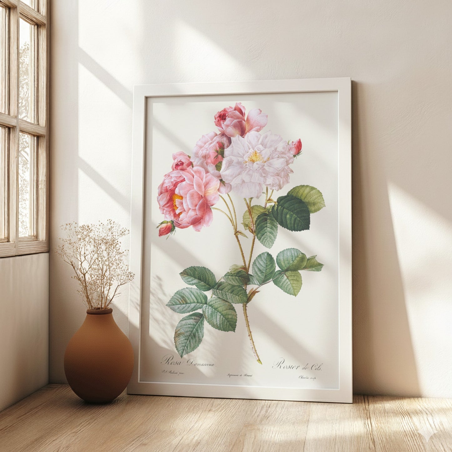 Pierre-Joseph Redouté "Rosa × damascena" poster featuring pink and white roses with green leaves.