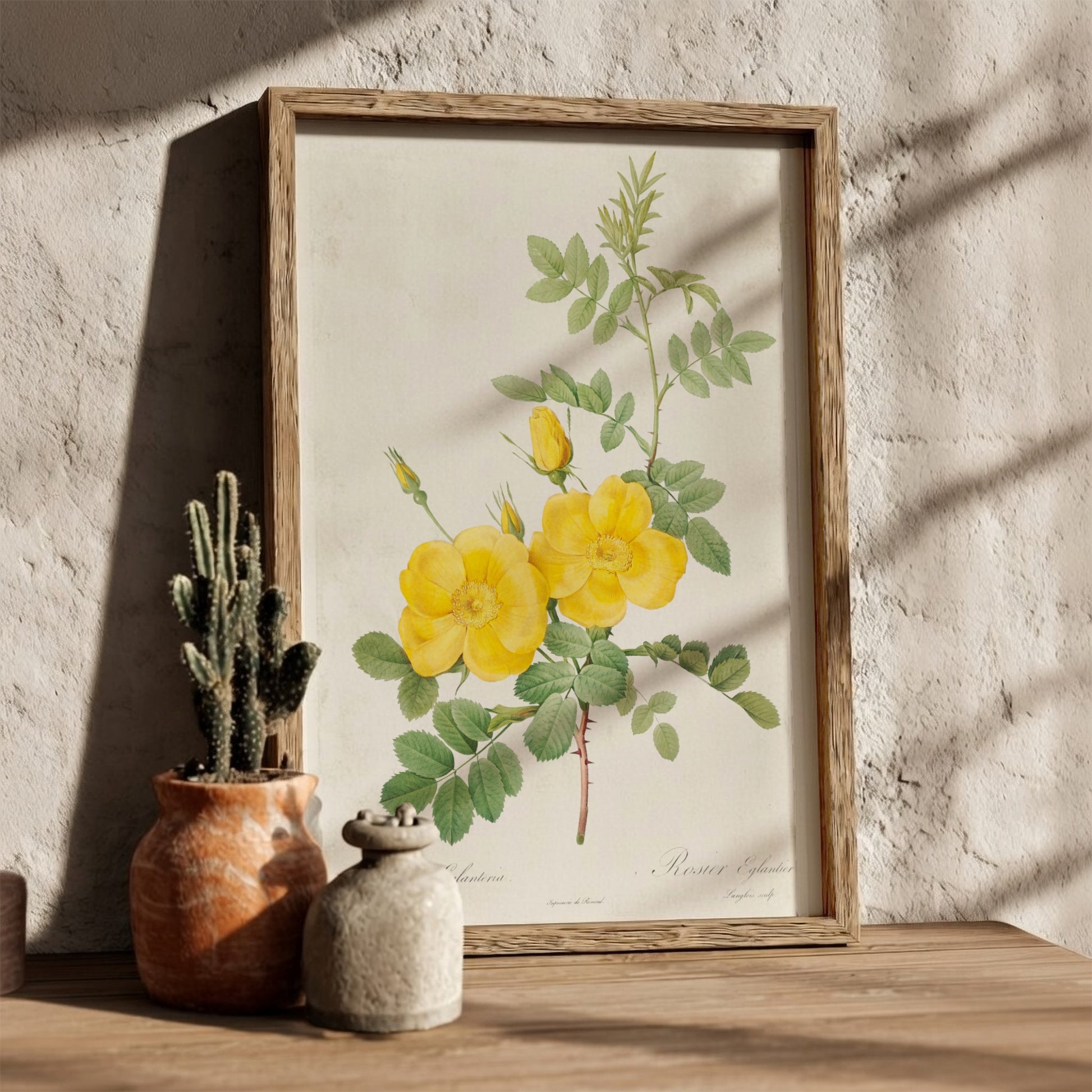 Vintage botanical art poster of yellow Sweetbriar roses and green leaves by Pierre-Joseph Redouté.