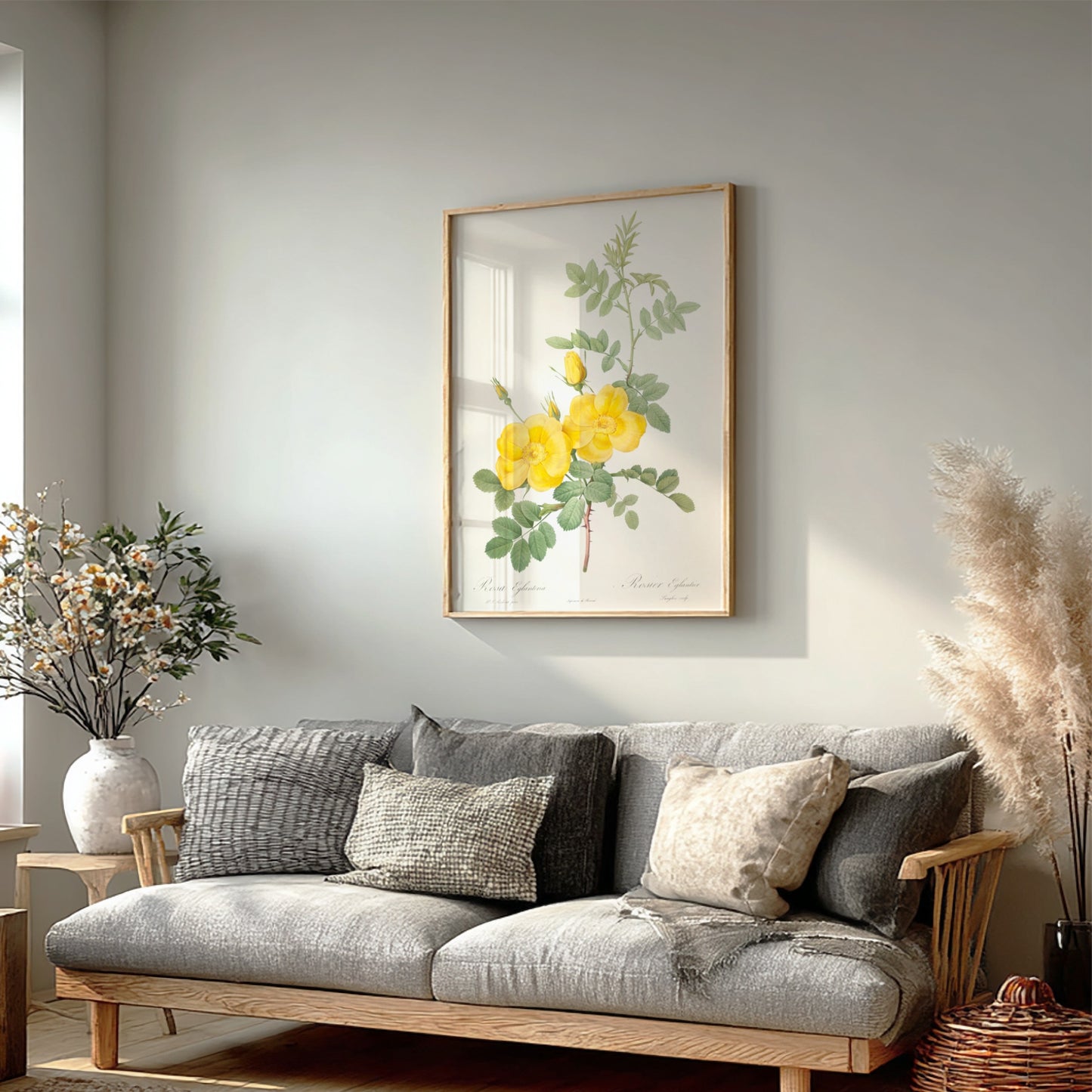 Vintage botanical art poster of yellow Sweetbriar roses and green leaves by Pierre-Joseph Redouté.