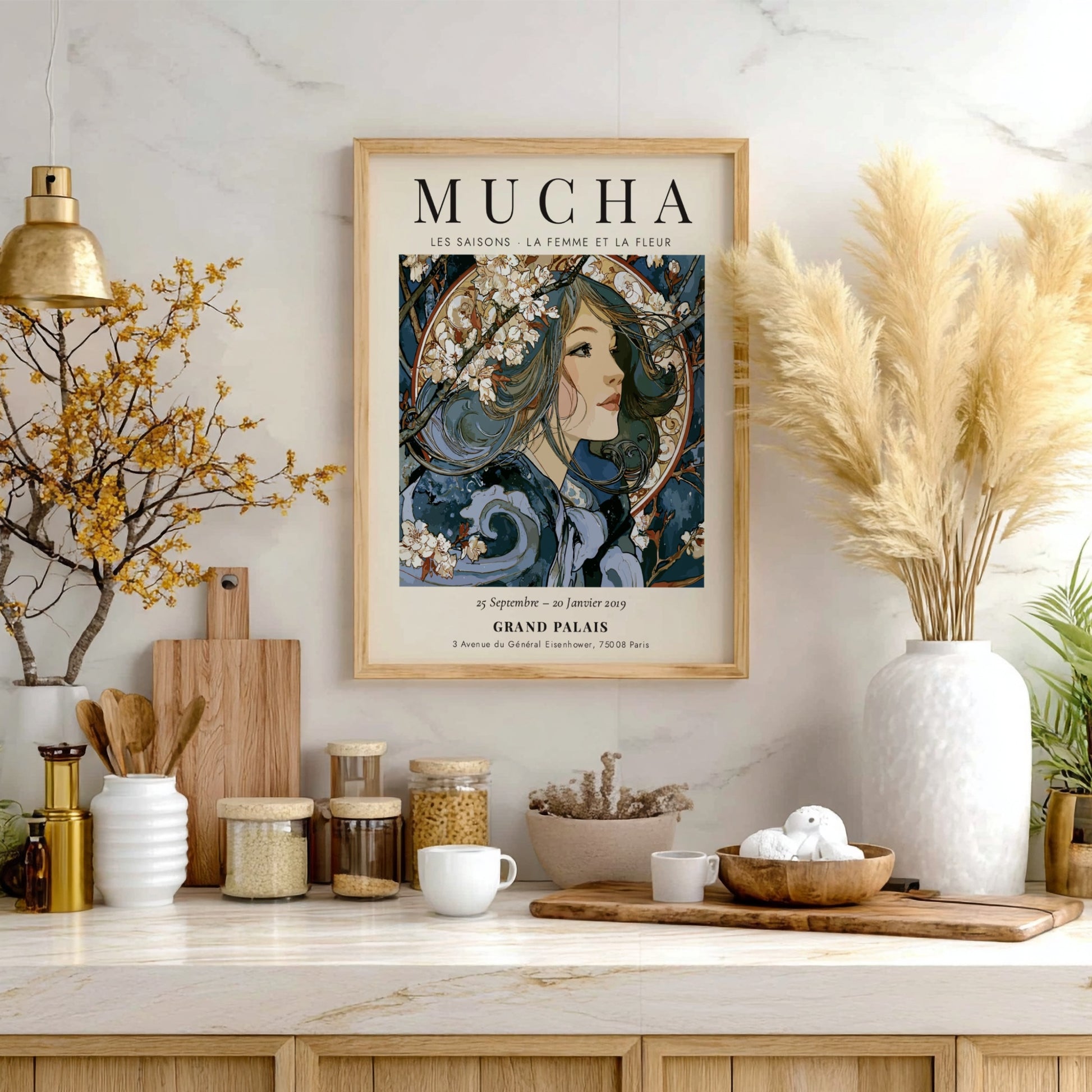 Les Saisons poster featuring Alphonse Mucha's elegant art style with floral motifs and flowing forms