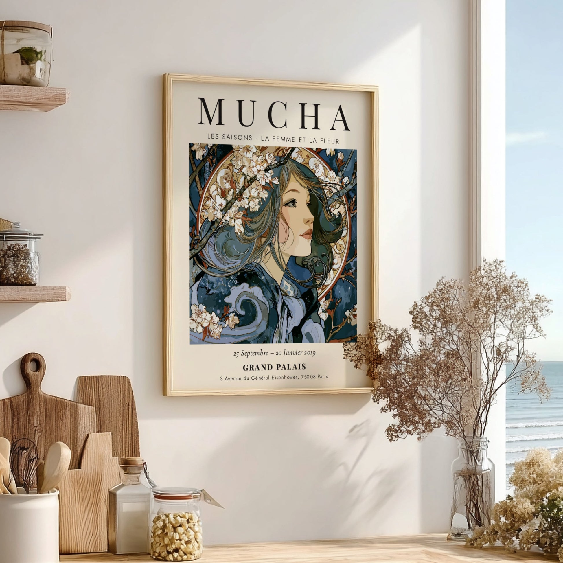 Les Saisons poster featuring Alphonse Mucha's elegant art style with floral motifs and flowing forms
