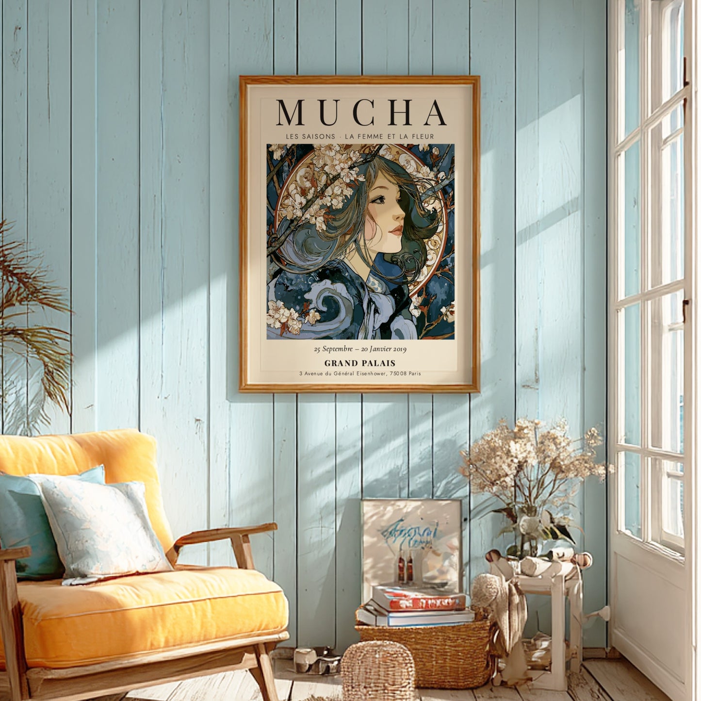 Les Saisons poster featuring Alphonse Mucha's elegant art style with floral motifs and flowing forms
