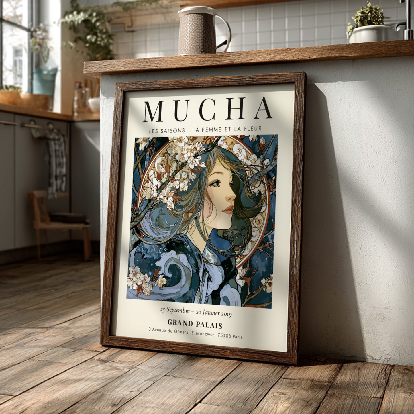 Les Saisons poster featuring Alphonse Mucha's elegant art style with floral motifs and flowing forms