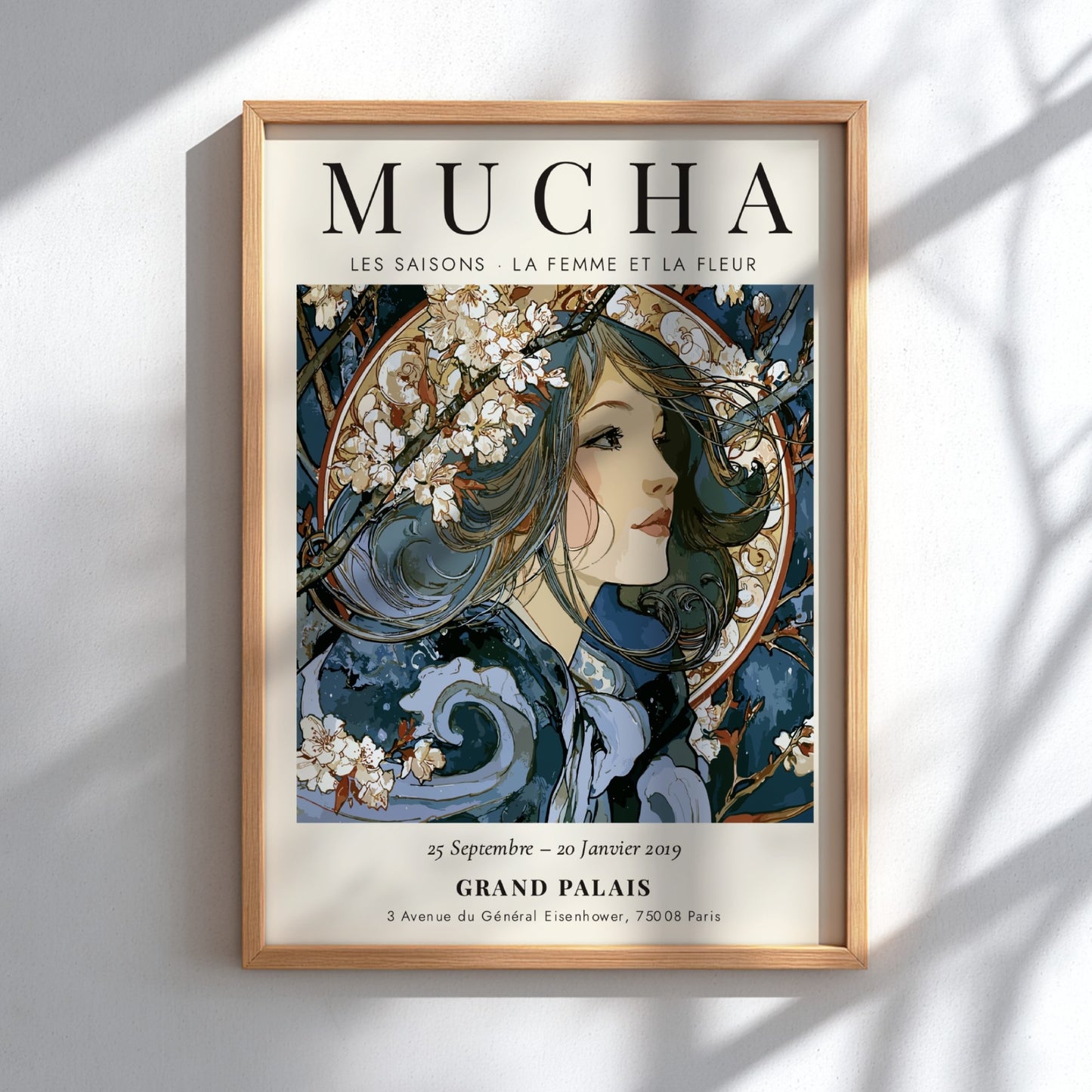 Les Saisons poster featuring Alphonse Mucha's elegant art style with floral motifs and flowing forms