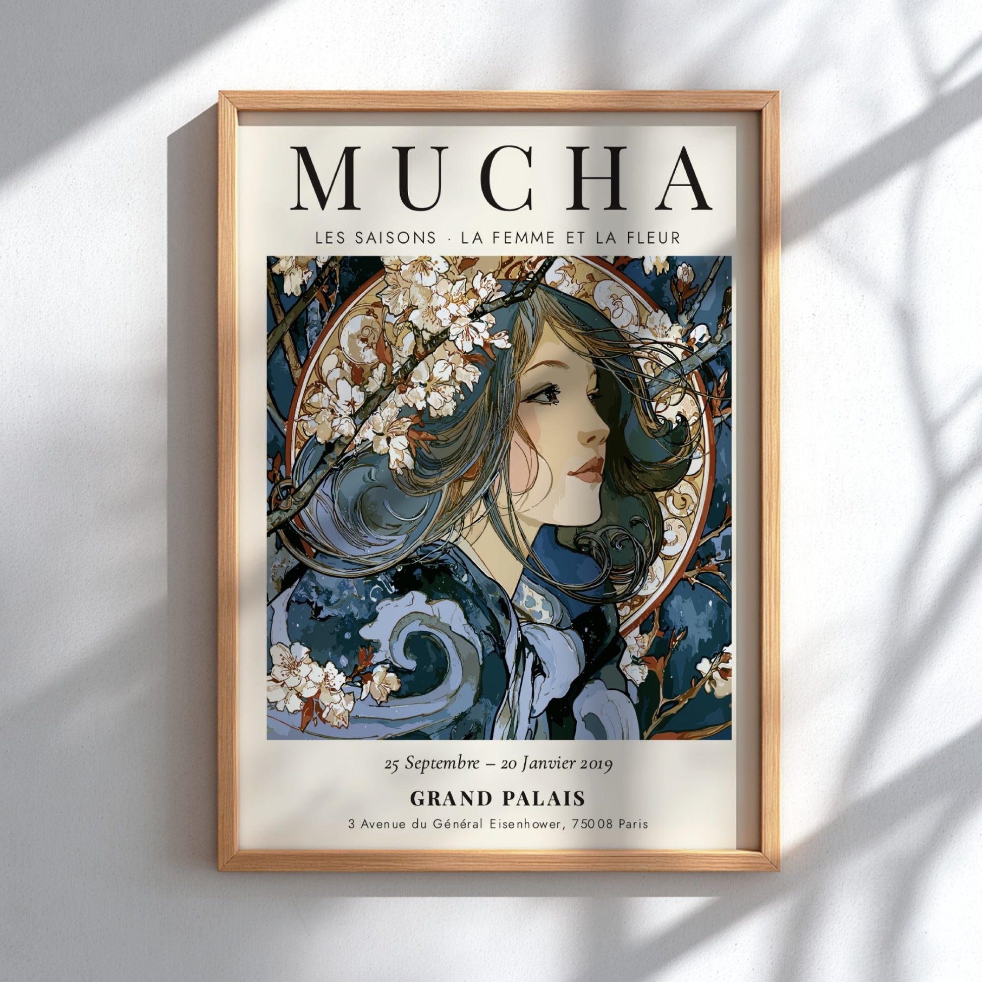 Les Saisons poster featuring Alphonse Mucha's elegant art style with floral motifs and flowing forms