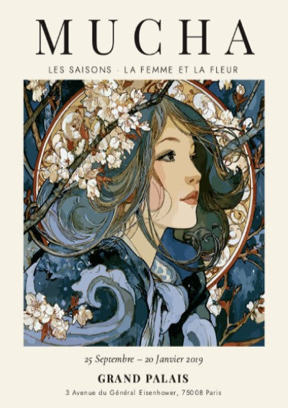 Les Saisons poster featuring Alphonse Mucha's elegant art style with floral motifs and flowing forms