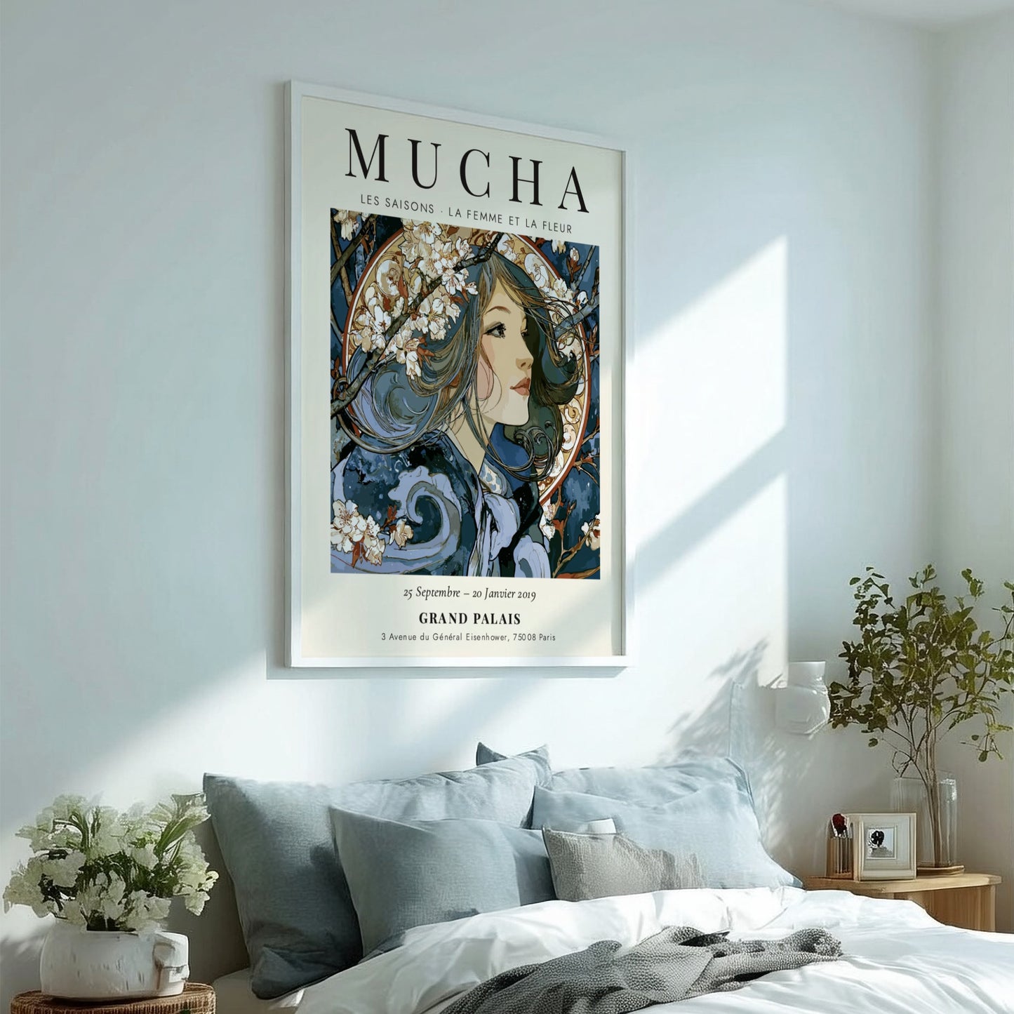 Les Saisons poster featuring Alphonse Mucha's elegant art style with floral motifs and flowing forms